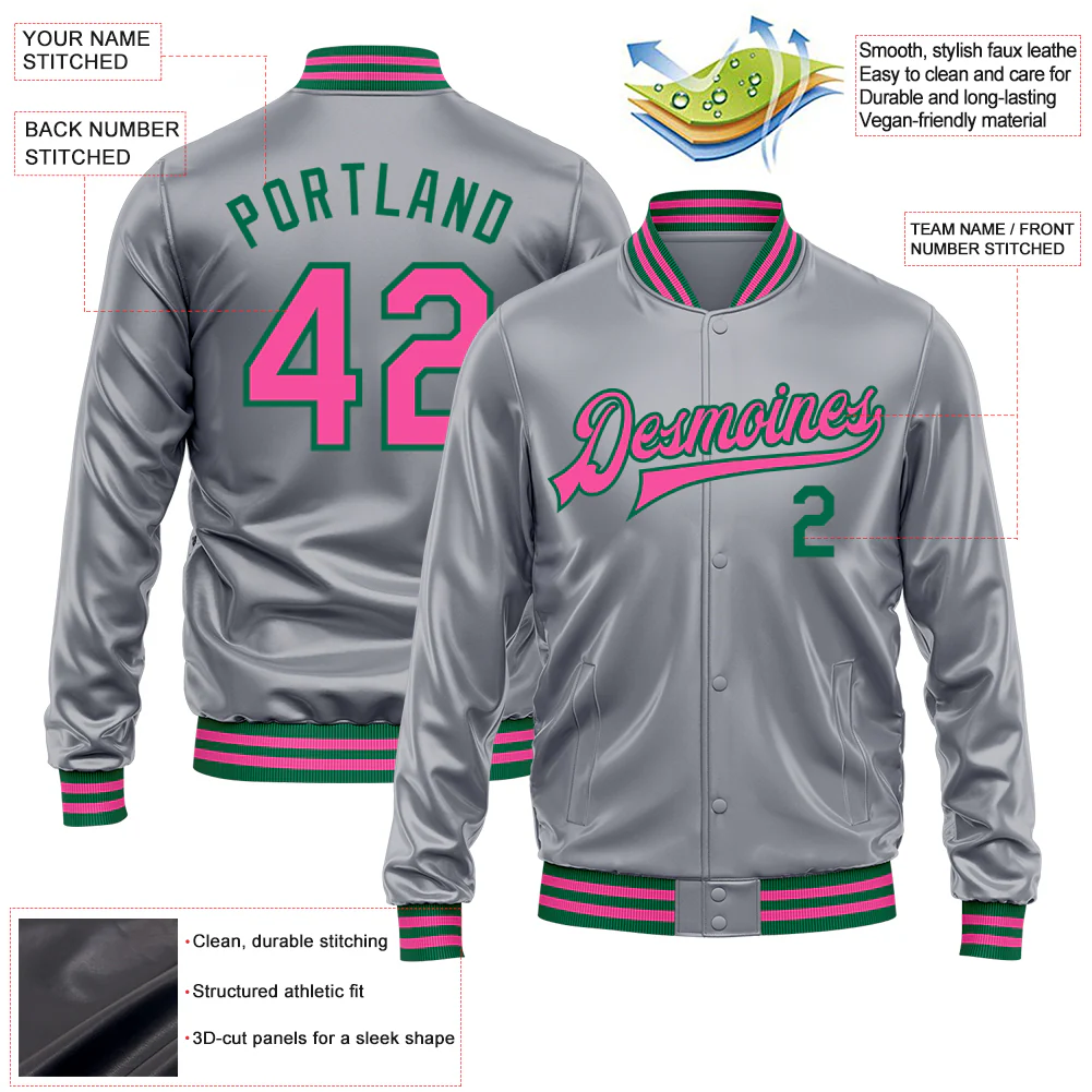 Custom Gray Pink-Kelly Green Bomber Full-Snap Varsity Faux Leather Letterman Jacket - Image 2