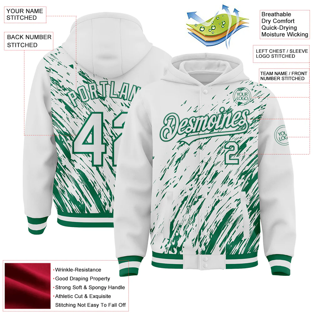Custom White White-Kelly Green 3D Pattern Design Bomber Full-Snap Varsity Letterman Hoodie Jacket - Image 4