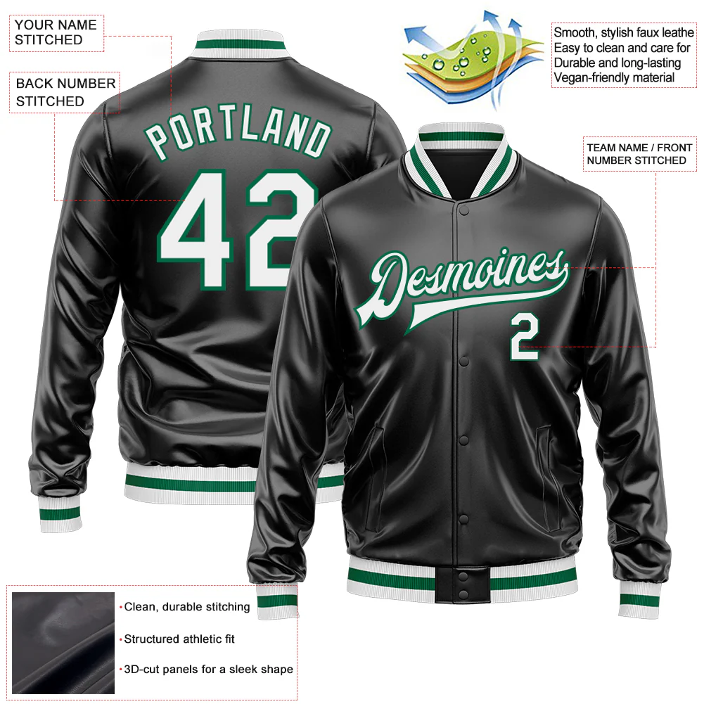 Custom Black White-Kelly Green Bomber Full-Snap Varsity Faux Leather Letterman Jacket - Image 2