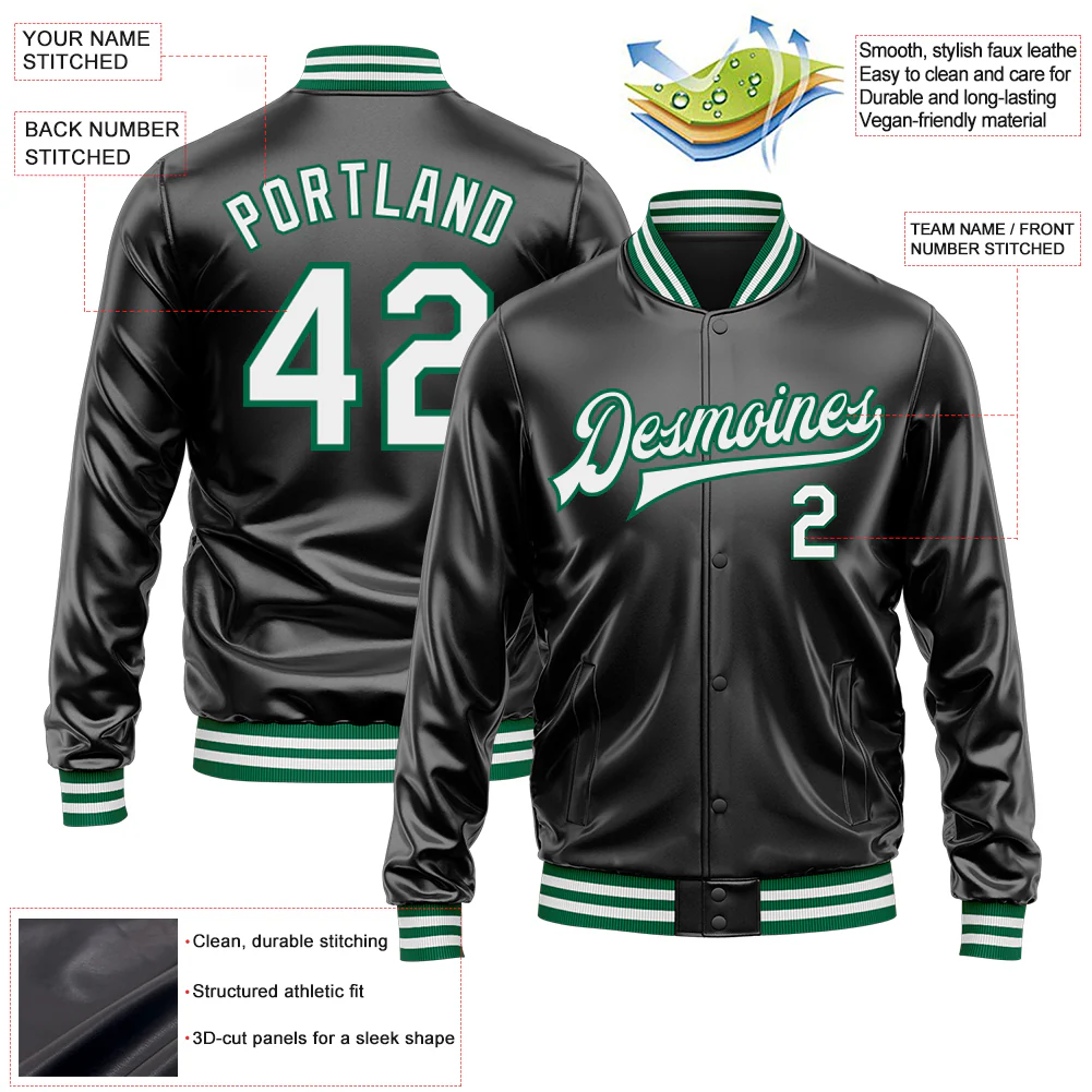 Custom Black White-Kelly Green Bomber Full-Snap Varsity Faux Leather Letterman Jacket - Image 2