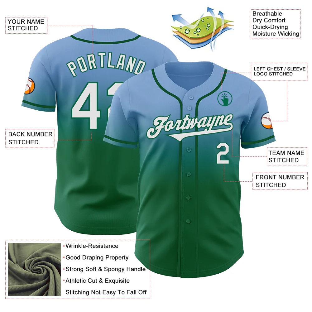 Custom Light Blue White-Kelly Green Authentic Fade Fashion Baseball Jersey - Image 3