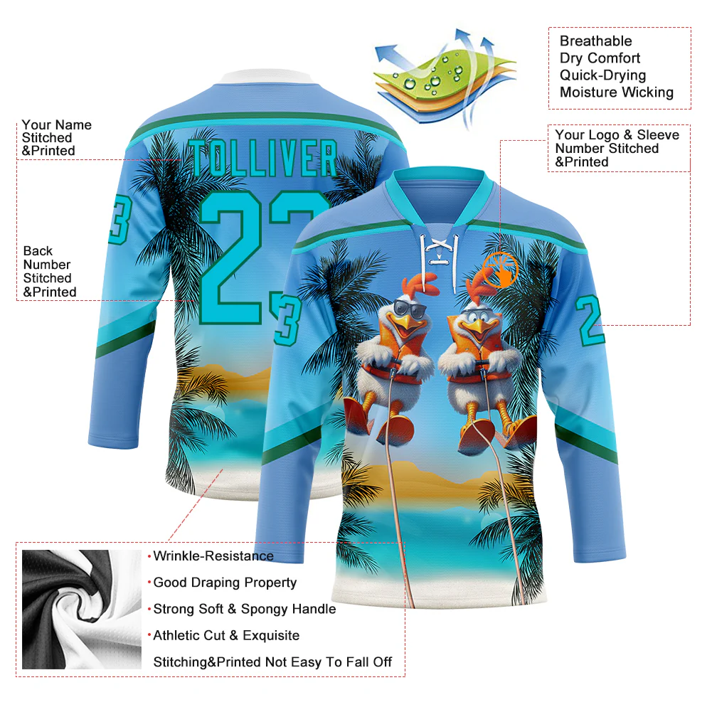 Custom Light Blue Lakes Blue-Kelly Green Gradient Hawaii Tropical Palm Trees Hockey Lace Neck Jersey - Image 4