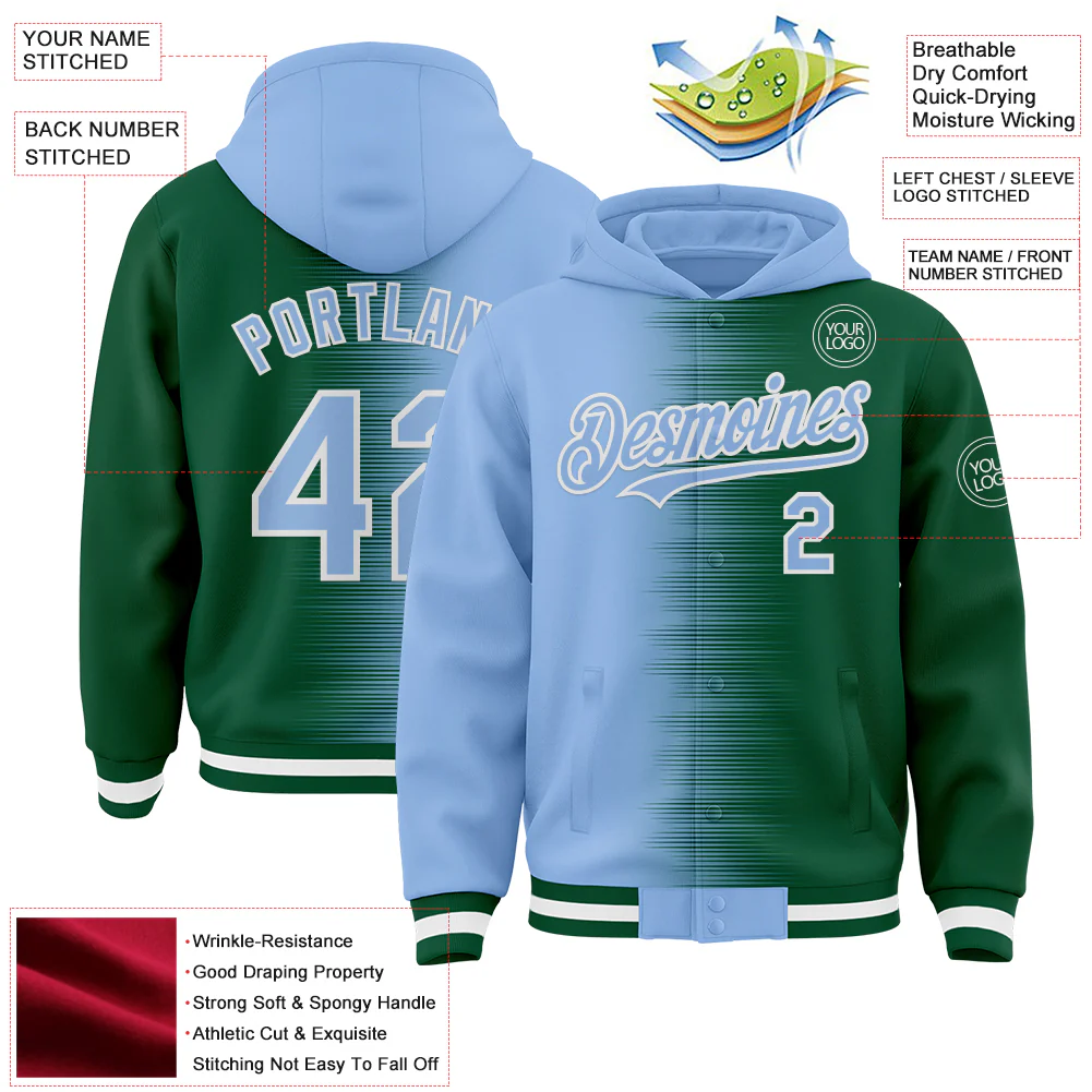 Custom Light Blue Kelly Green-White Gradient Line Bomber Full-Snap Varsity Letterman Hoodie Jacket - Image 4