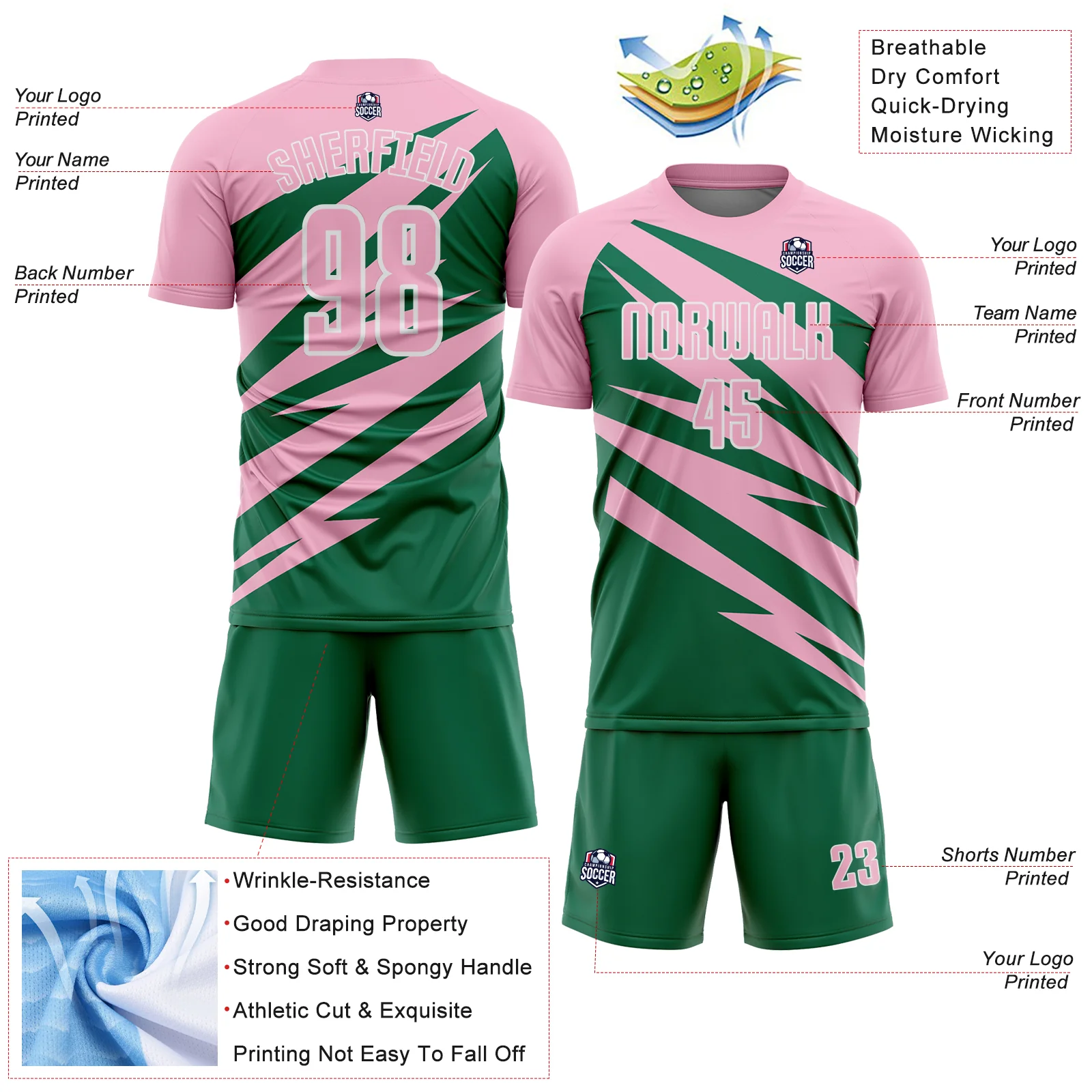 Custom Light Pink Kelly Green-White Abstract Line Sports Sublimation Soccer Uniform Jersey - Image 4