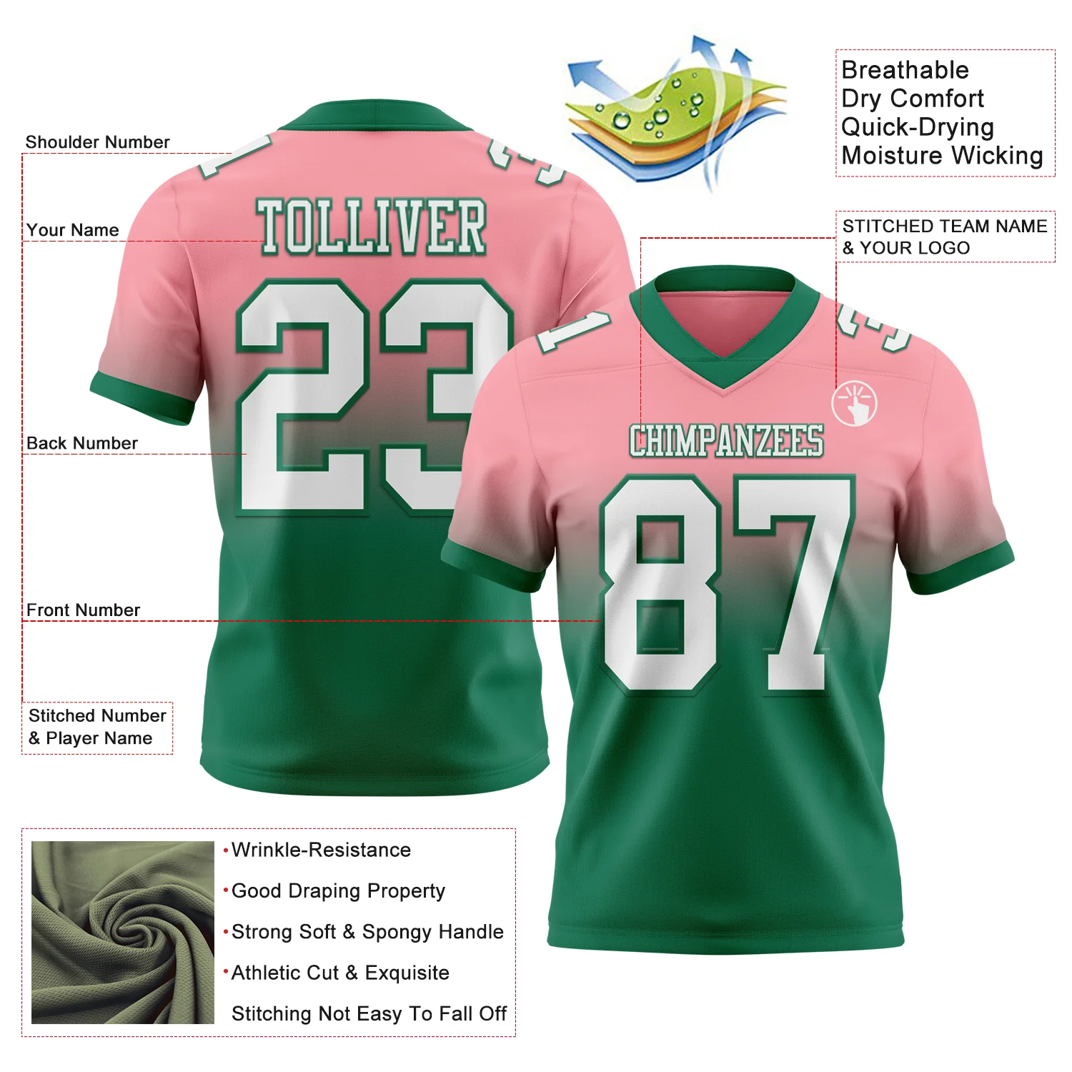 Custom Medium Pink White-Kelly Green Authentic Fade Fashion Football Jersey - Image 2