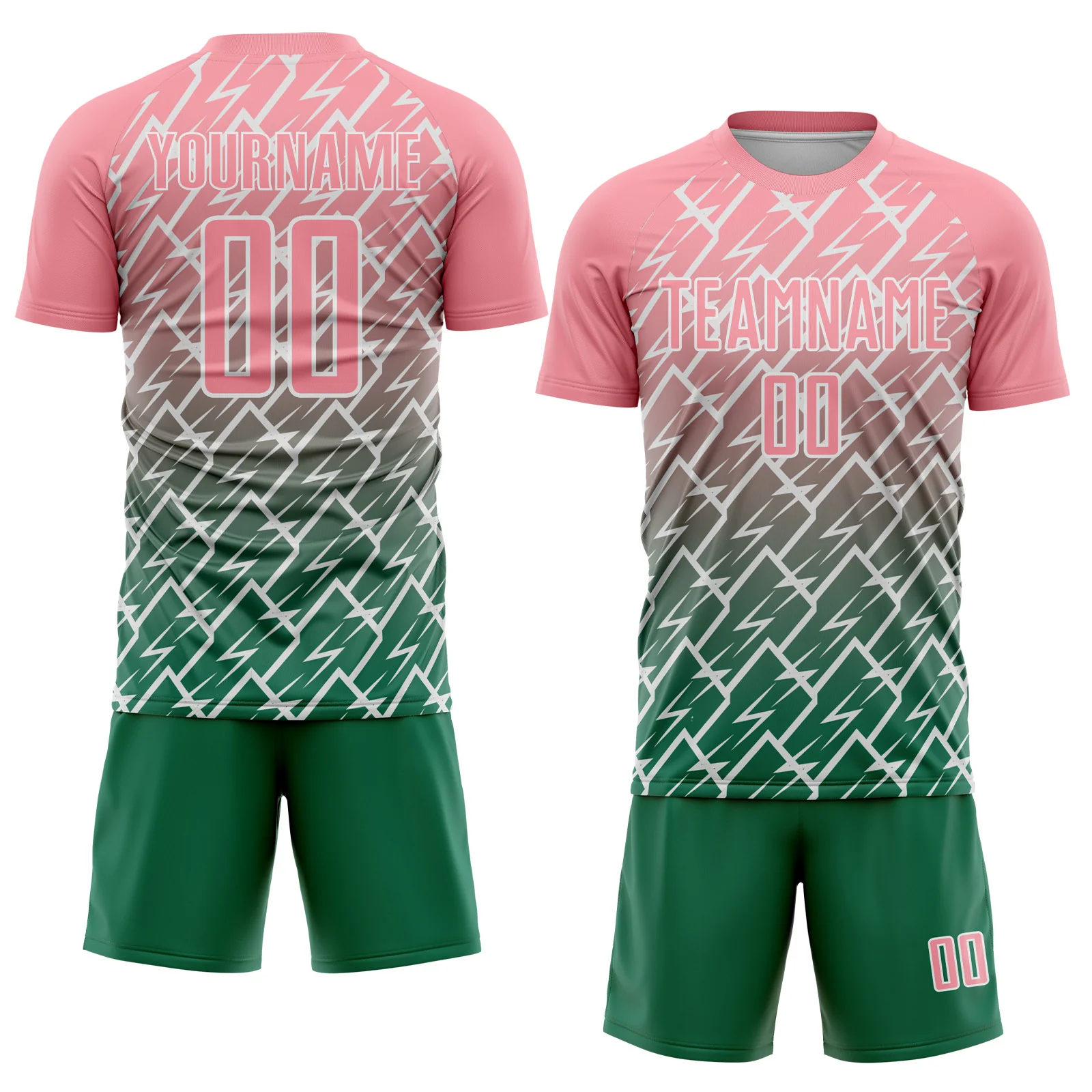 Custom Medium Pink Kelly Green-White Lightning Sports Sublimation Soccer Uniform Jersey - Image 2