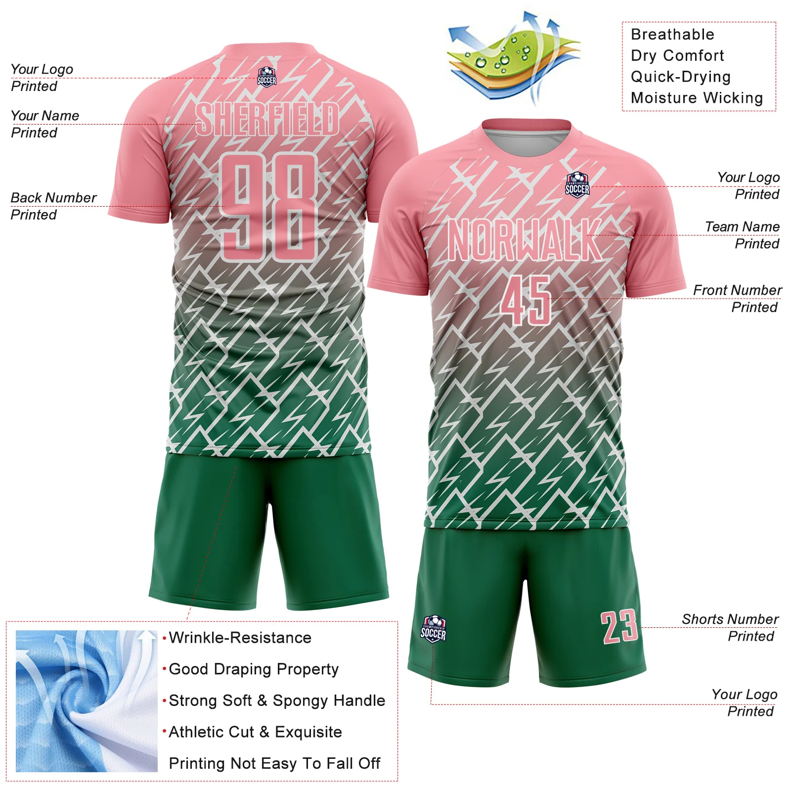Custom Medium Pink Kelly Green-White Lightning Sports Sublimation Soccer Uniform Jersey - Image 4
