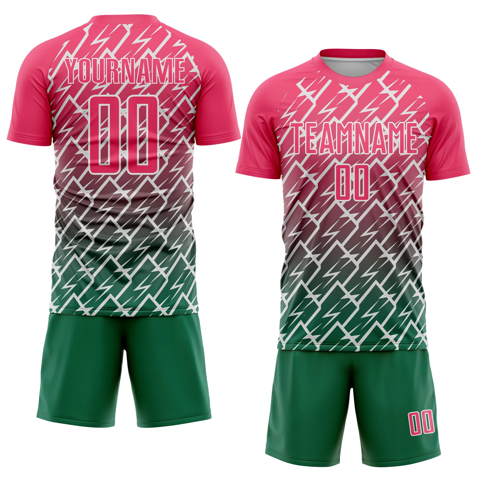 Custom Neon Pink Kelly Green-White Lightning Sports Sublimation Soccer Uniform Jersey - Image 2