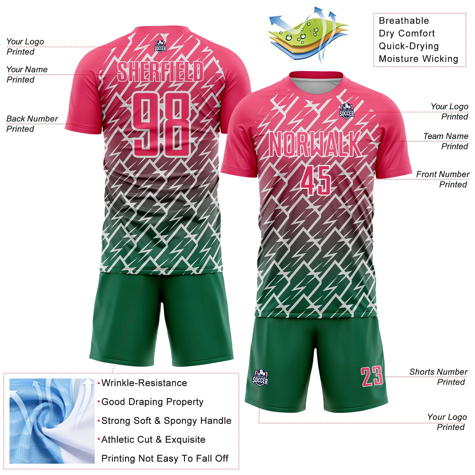 Custom Neon Pink Kelly Green-White Lightning Sports Sublimation Soccer Uniform Jersey - Image 4