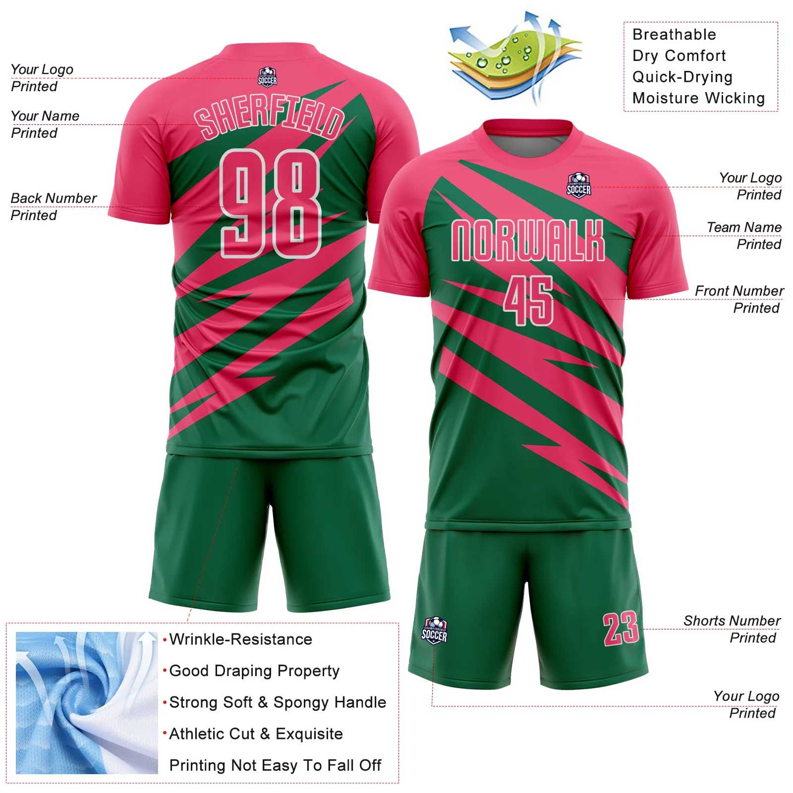 Custom Neon Pink Kelly Green-White Abstract Line Sports Sublimation Soccer Uniform Jersey - Image 4