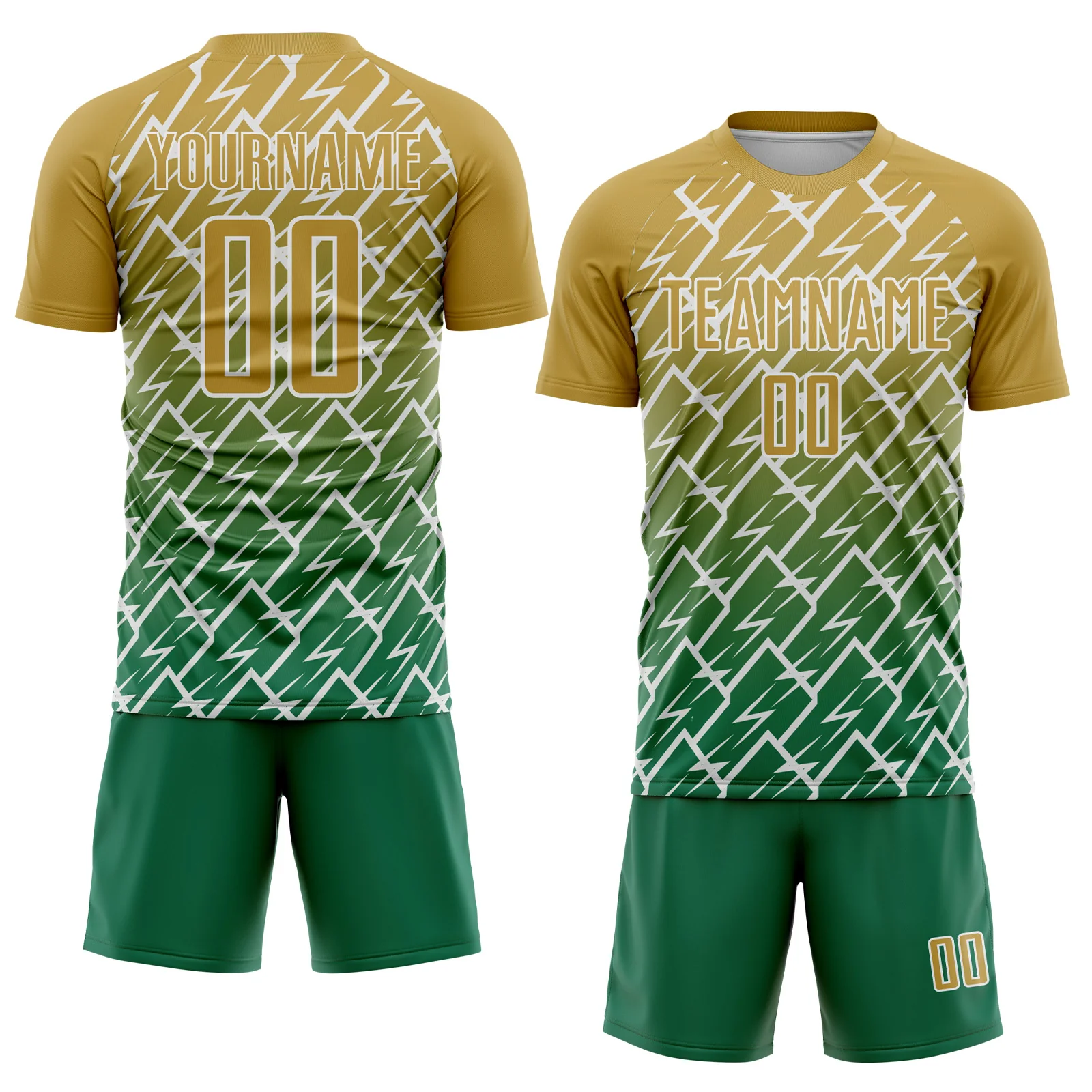 Custom Old Gold Kelly Green-White Lightning Sports Sublimation Soccer Uniform Jersey - Image 2