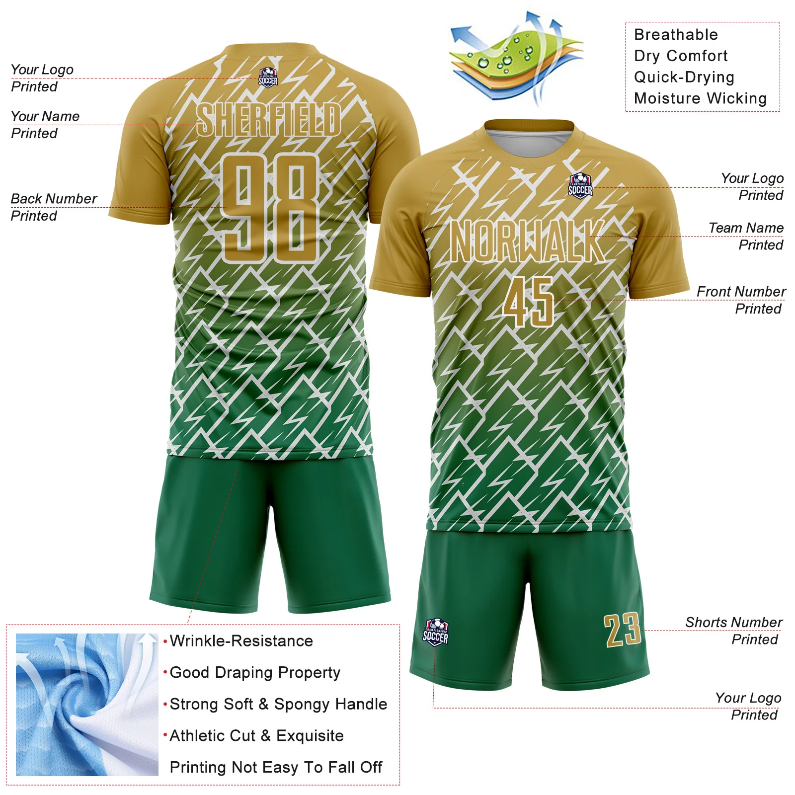 Custom Old Gold Kelly Green-White Lightning Sports Sublimation Soccer Uniform Jersey - Image 4