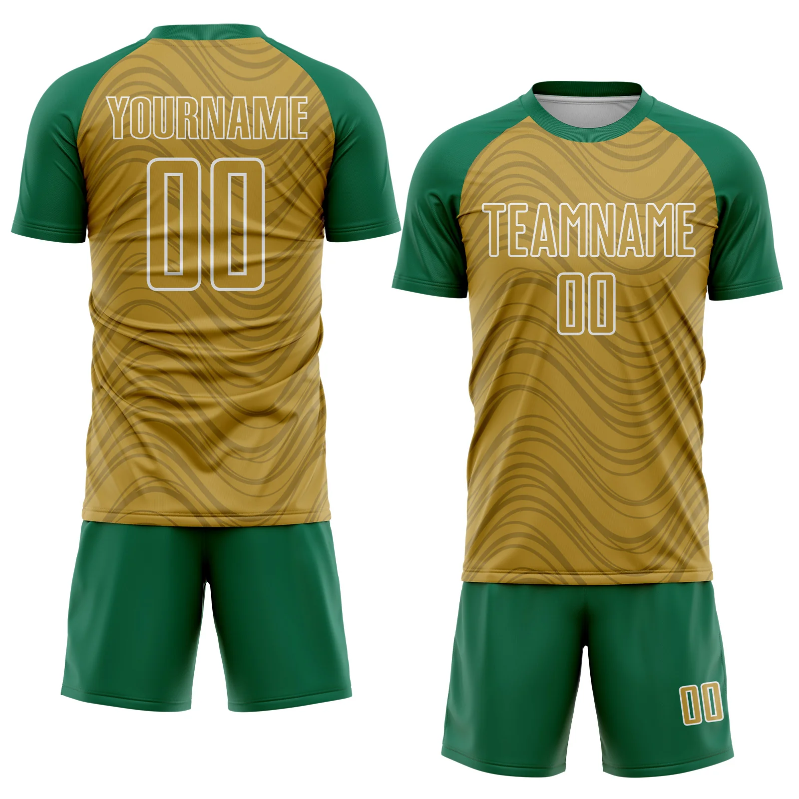 Custom Old Gold Kelly Green-White Wavy Lines Sports Sublimation Soccer Uniform Jersey - Image 2