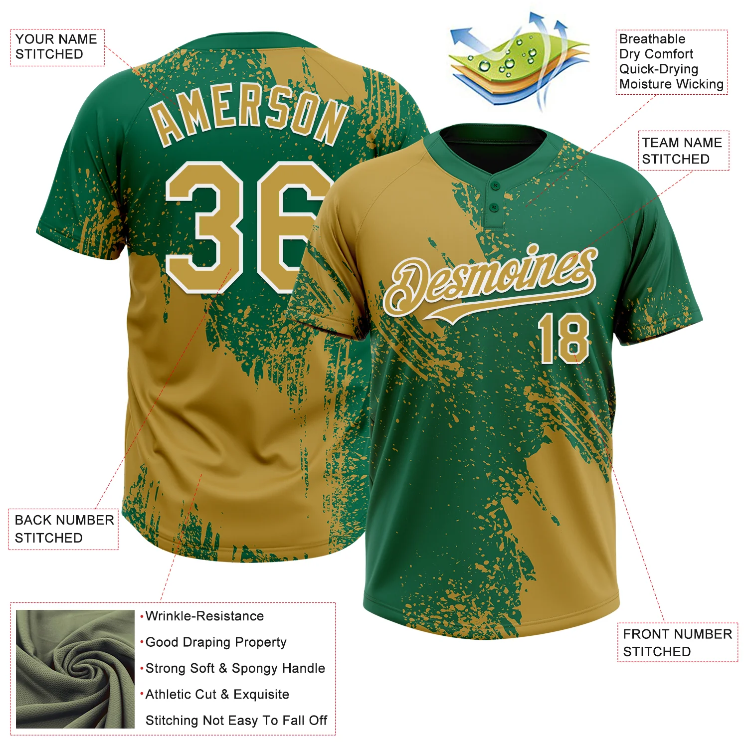Custom Old Gold Kelly Green-White 3D Pattern Abstract Brush Stroke Two-Button Unisex Softball Jersey - Image 3