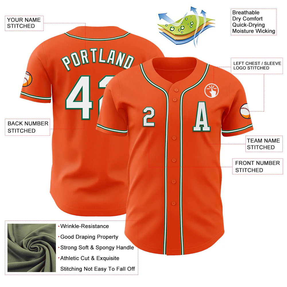 Custom Orange White-Kelly Green Authentic Baseball Jersey - Image 2
