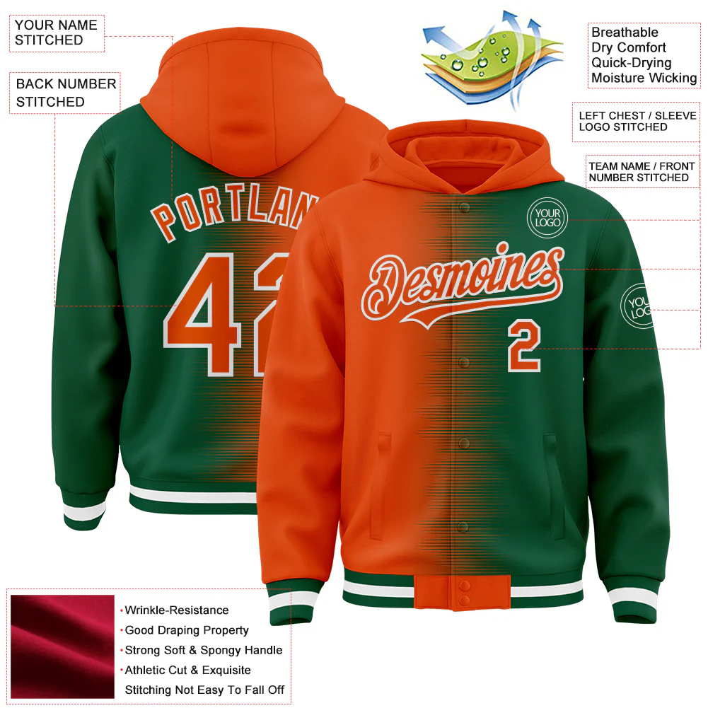 Custom Orange Kelly Green-White Gradient Line Bomber Full-Snap Varsity Letterman Hoodie Jacket - Image 4
