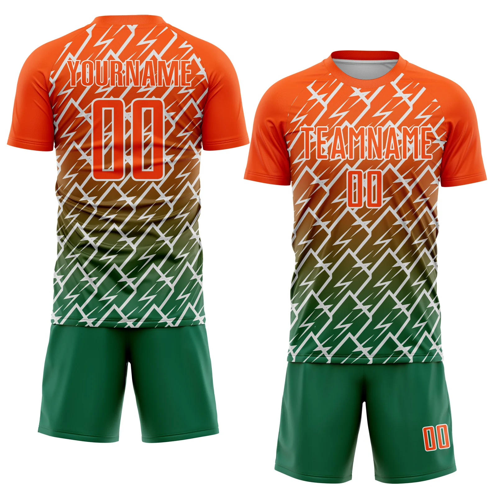 Custom Orange Kelly Green-White Lightning Sports Sublimation Soccer Uniform Jersey - Image 2