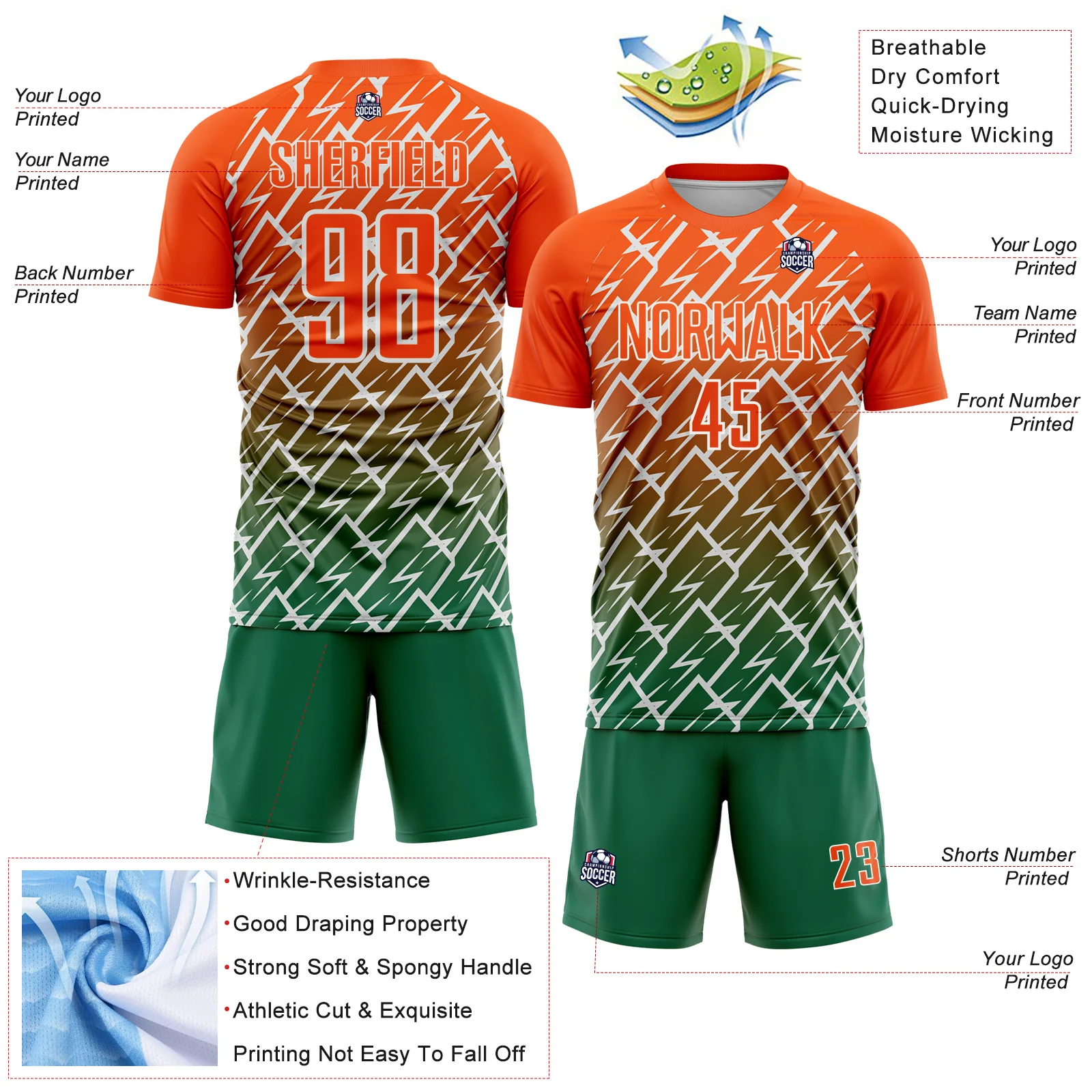Custom Orange Kelly Green-White Lightning Sports Sublimation Soccer Uniform Jersey - Image 4