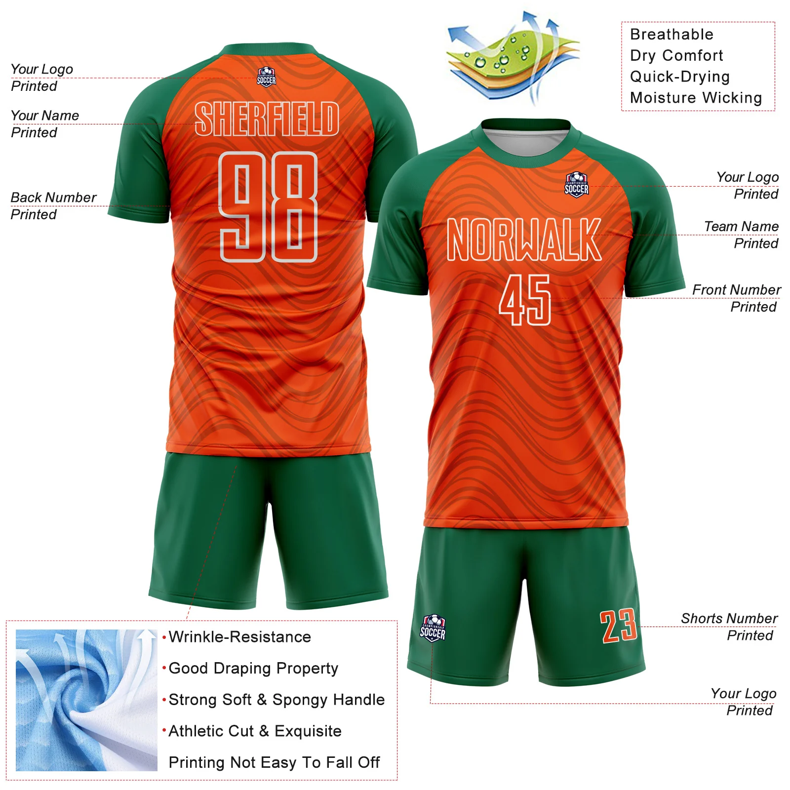 Custom Orange Kelly Green-White Wavy Lines Sports Sublimation Soccer Uniform Jersey - Image 4
