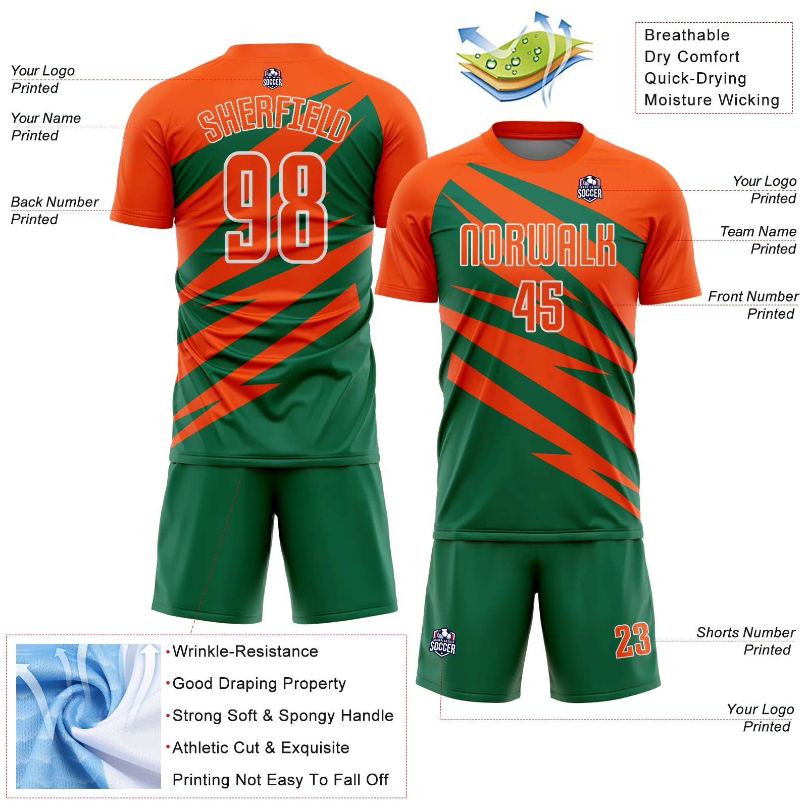 Custom Orange Kelly Green-White Abstract Line Sports Sublimation Soccer Uniform Jersey - Image 4