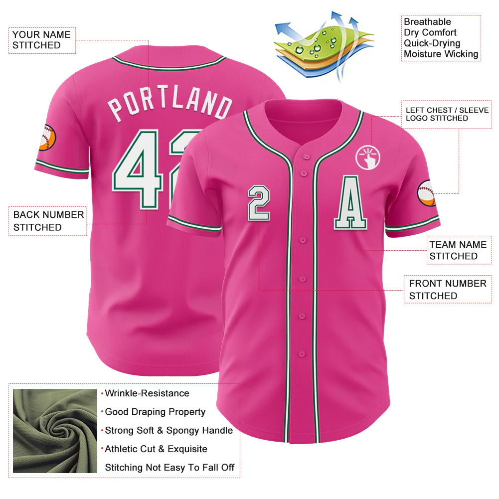 Custom Pink White-Kelly Green Authentic Baseball Jersey - Image 2