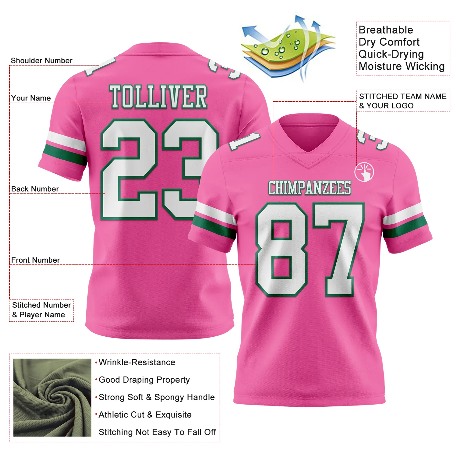 Custom Pink White-Kelly Green Authentic Football Jersey - Image 3