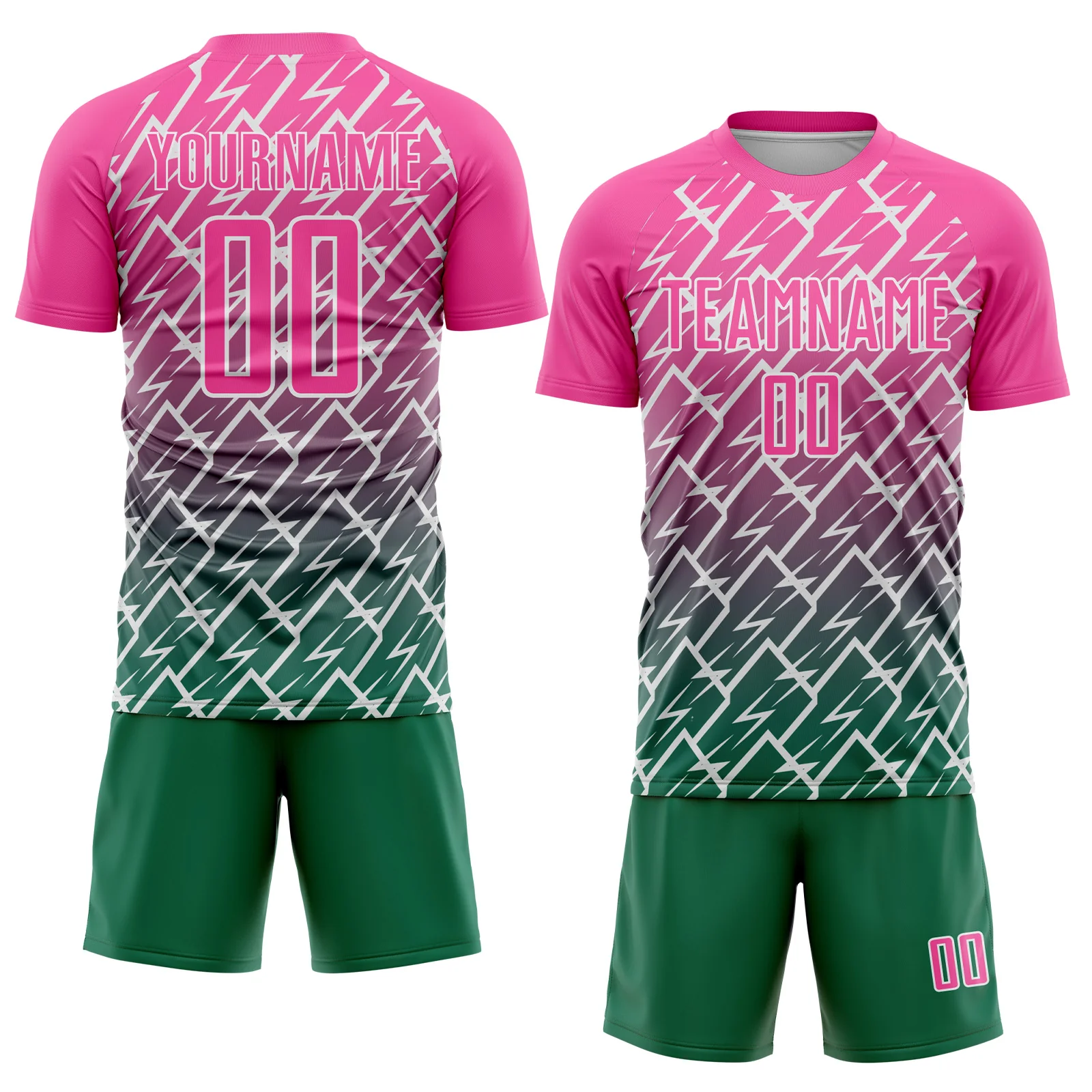 Custom Pink Kelly Green-White Lightning Sports Sublimation Soccer Uniform Jersey - Image 2