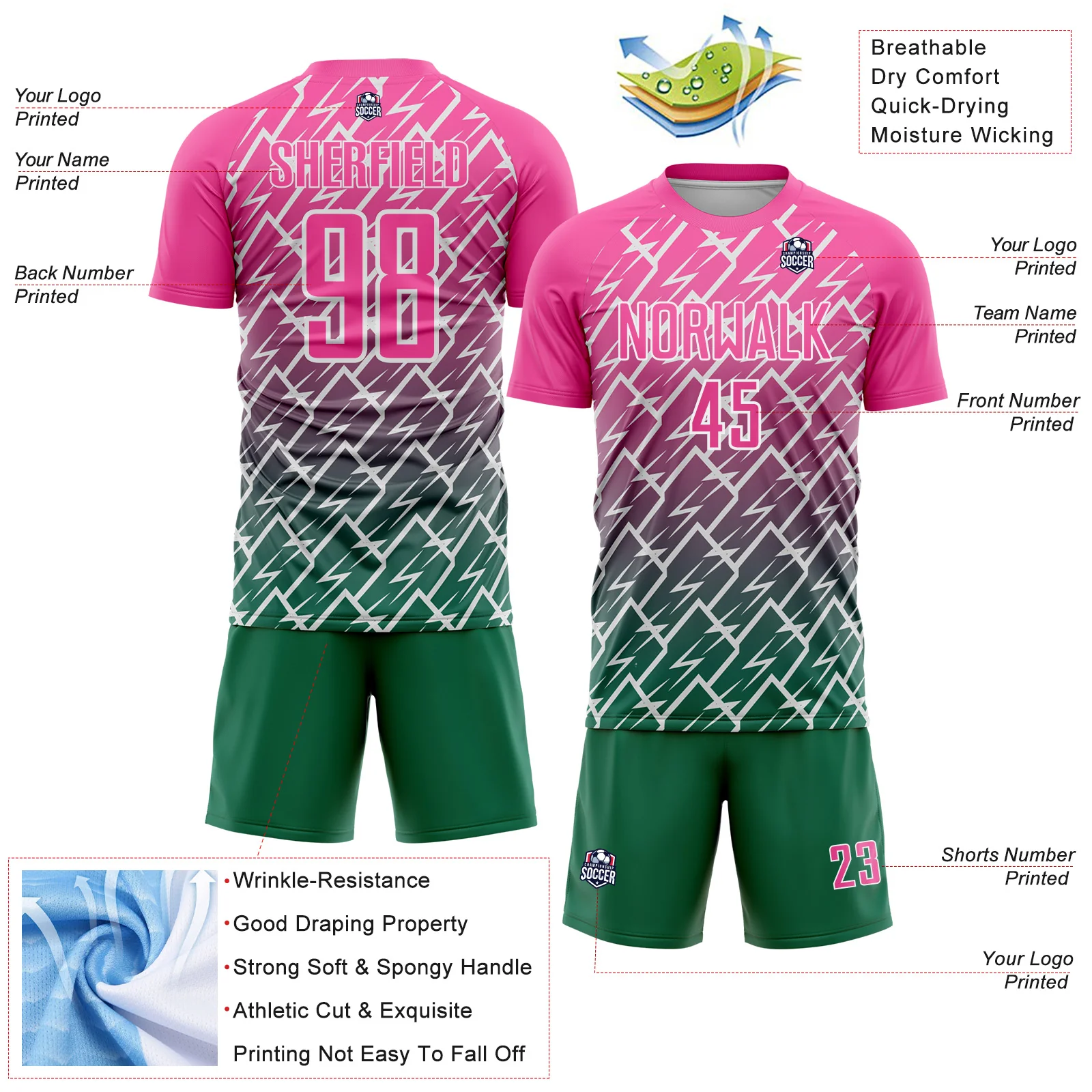 Custom Pink Kelly Green-White Lightning Sports Sublimation Soccer Uniform Jersey - Image 4