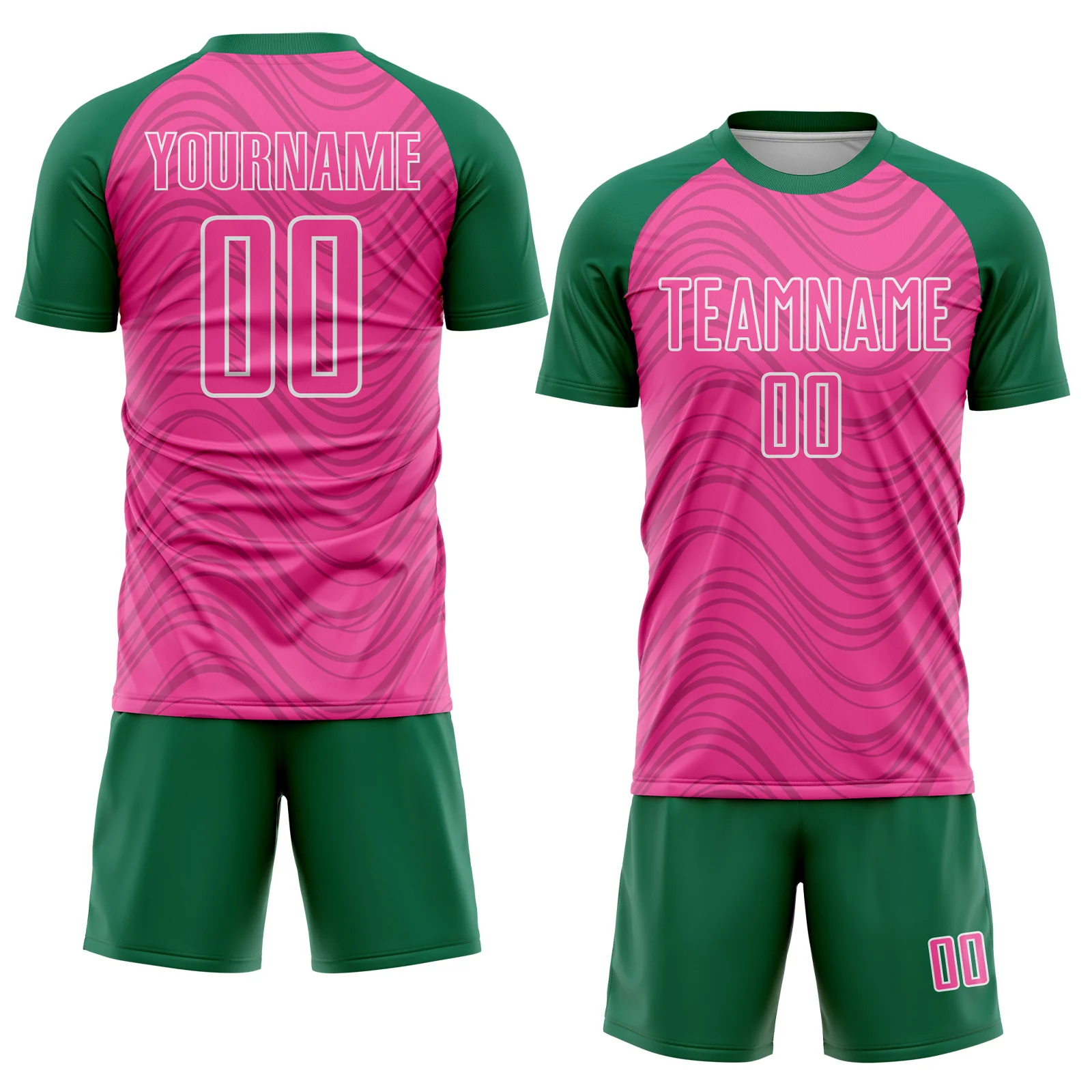 Custom Pink Kelly Green-White Wavy Lines Sports Sublimation Soccer Uniform Jersey - Image 2