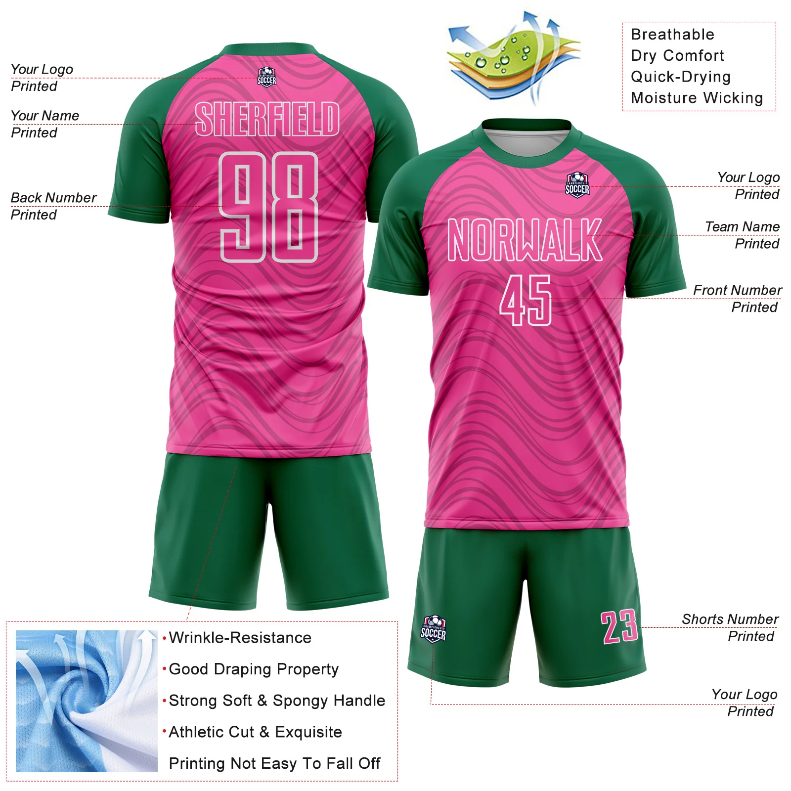 Custom Pink Kelly Green-White Wavy Lines Sports Sublimation Soccer Uniform Jersey - Image 4