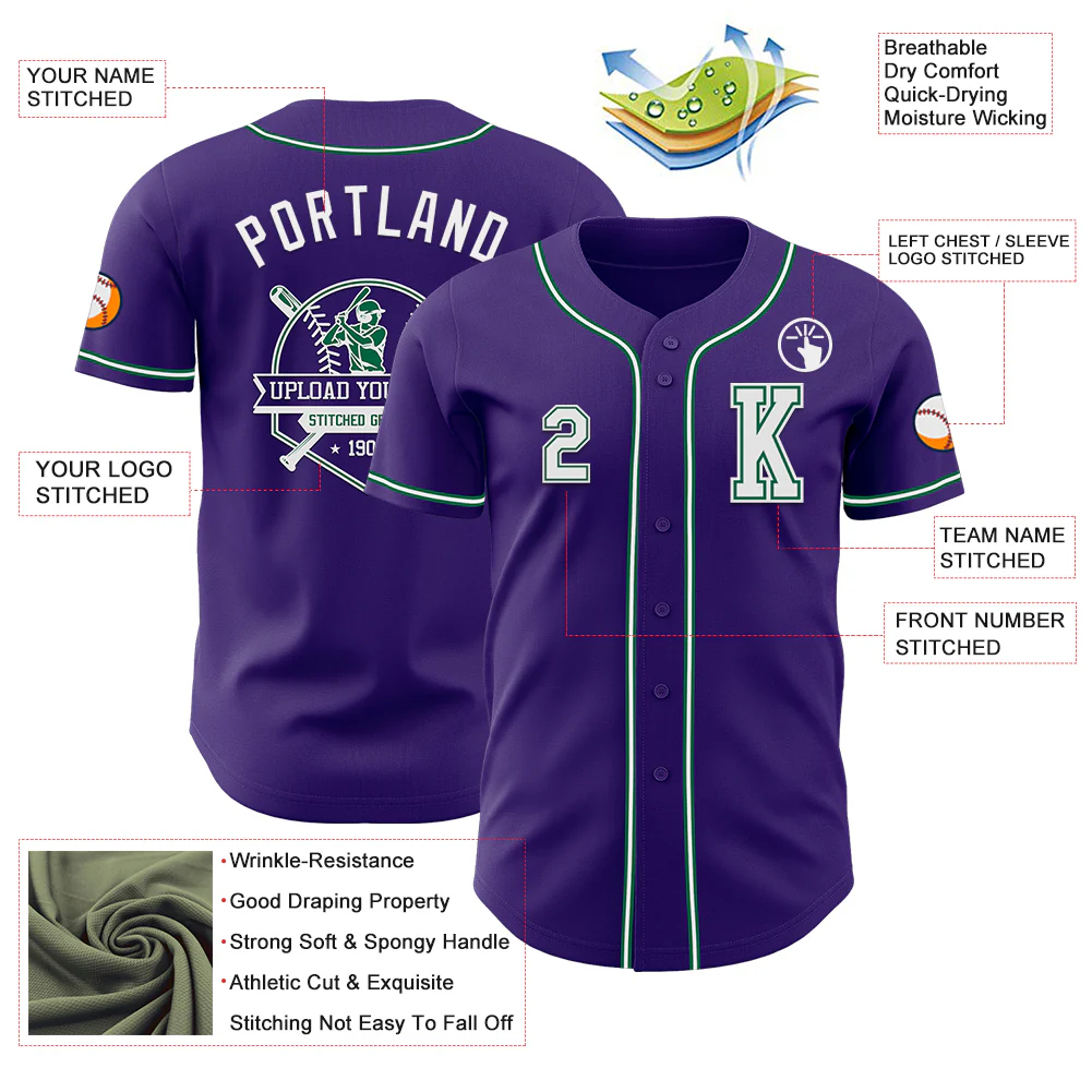 Custom Purple White-Kelly Green Authentic Baseball Jersey - Image 6