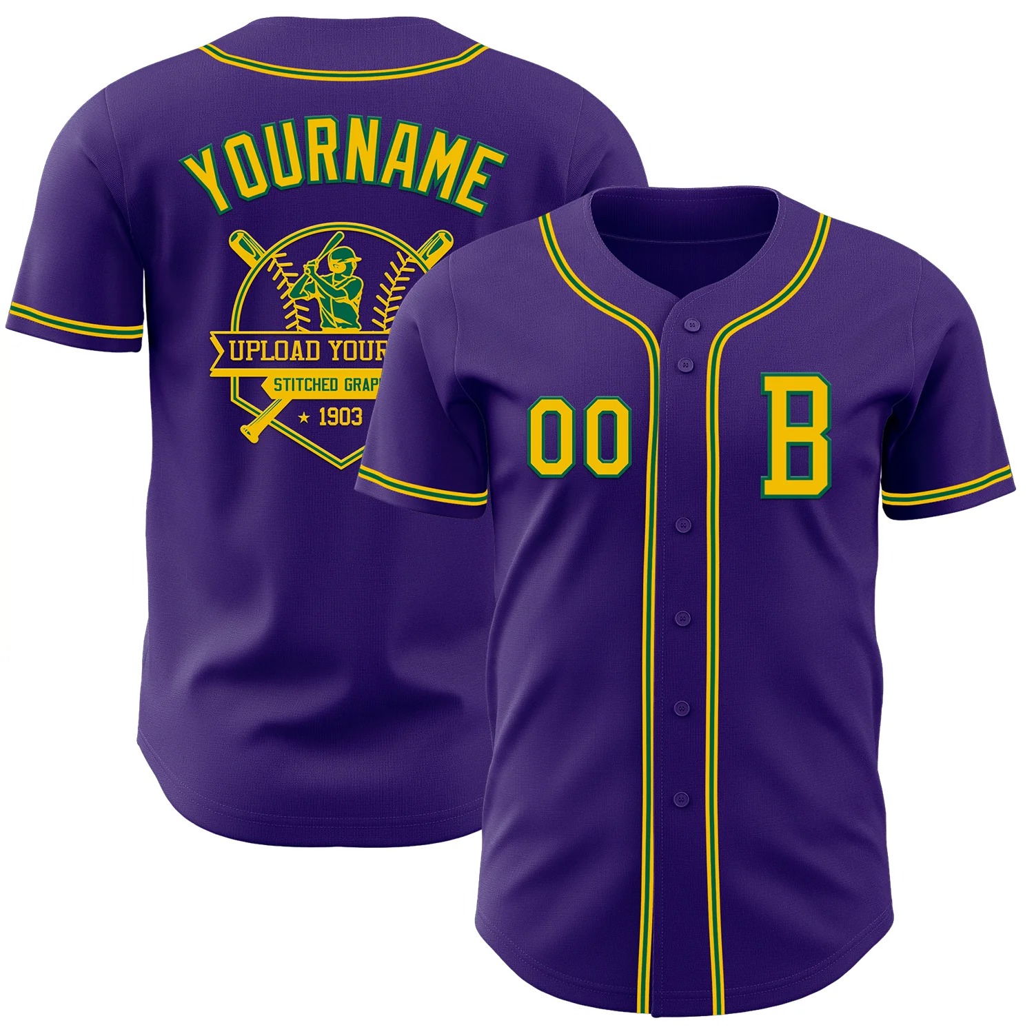 Custom Purple Yellow-Kelly Green Authentic Baseball Jersey - Image 5