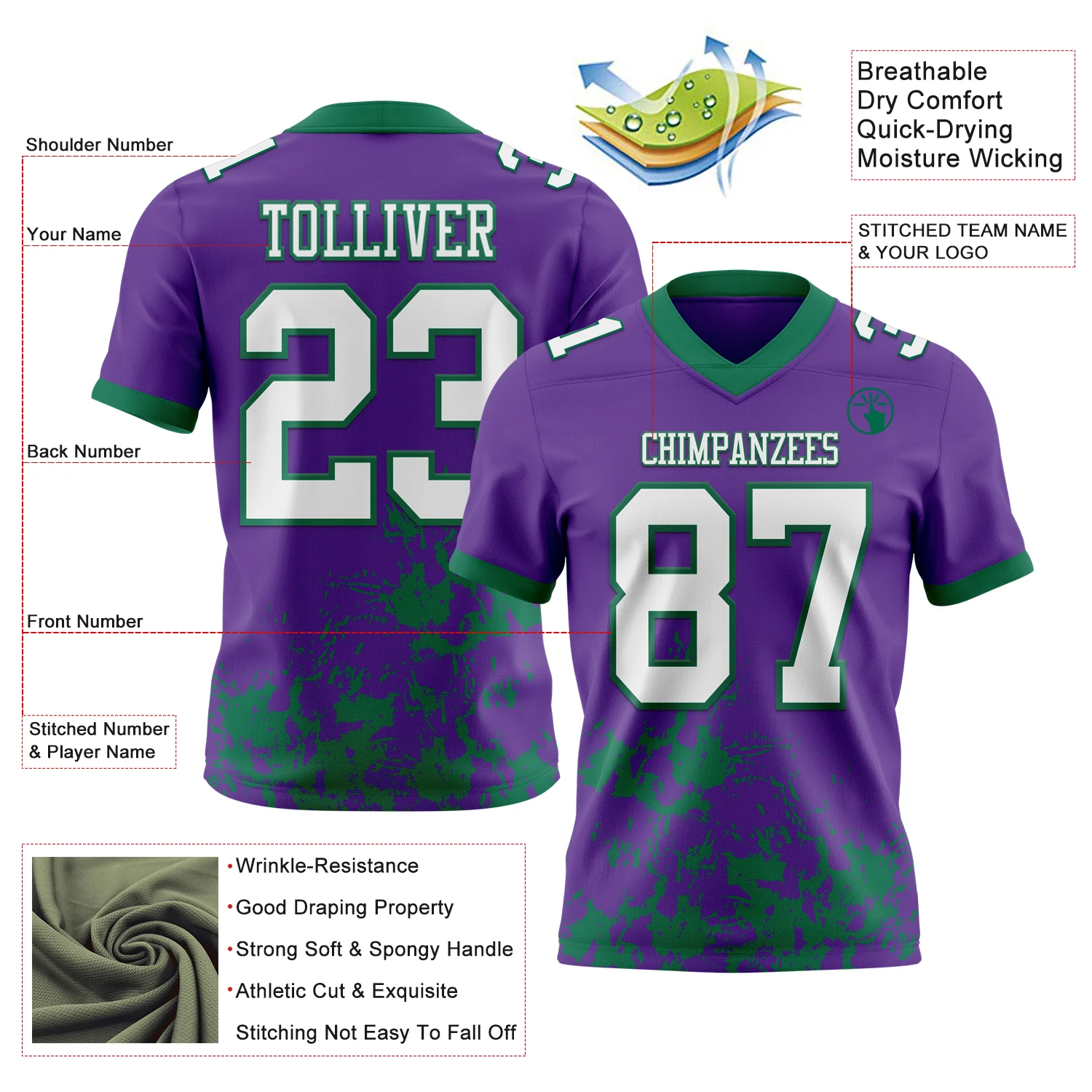 Custom Purple White-Kelly Green 3D Pattern Splash Authentic Football Jersey - Image 2