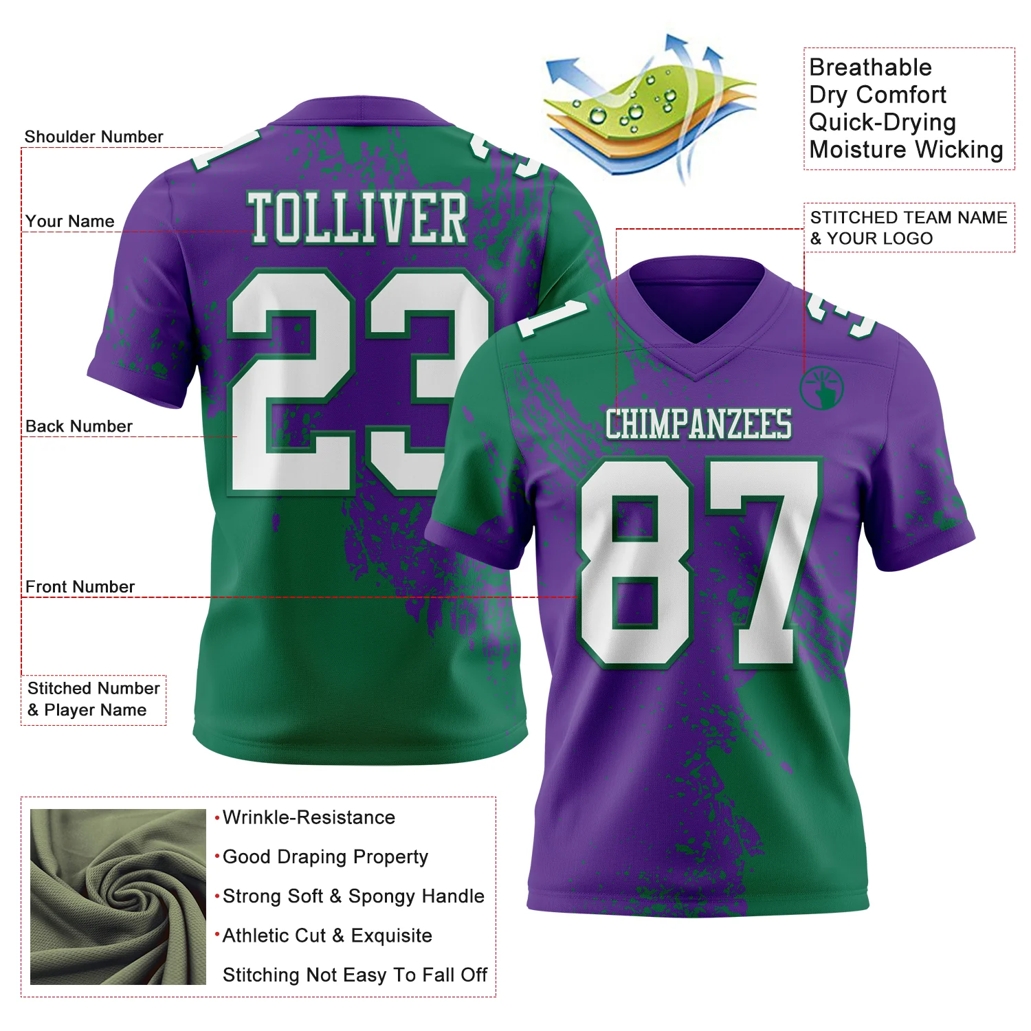 Custom Purple White-Kelly Green 3D Pattern Abstract Brush Stroke Authentic Football Jersey - Image 2