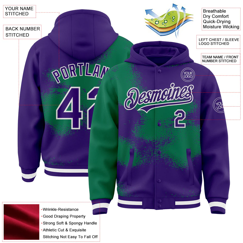 Custom Purple Kelly Green-White Abstract Color Blocks Fragment Pattern Bomber Full-Snap Varsity Letterman Hoodie Jacket - Image 4