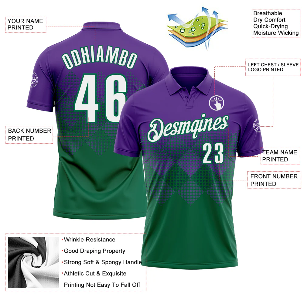 Custom Purple White-Kelly Green 3D Gradient Square Shape Performance Polo Shirt - Image 3