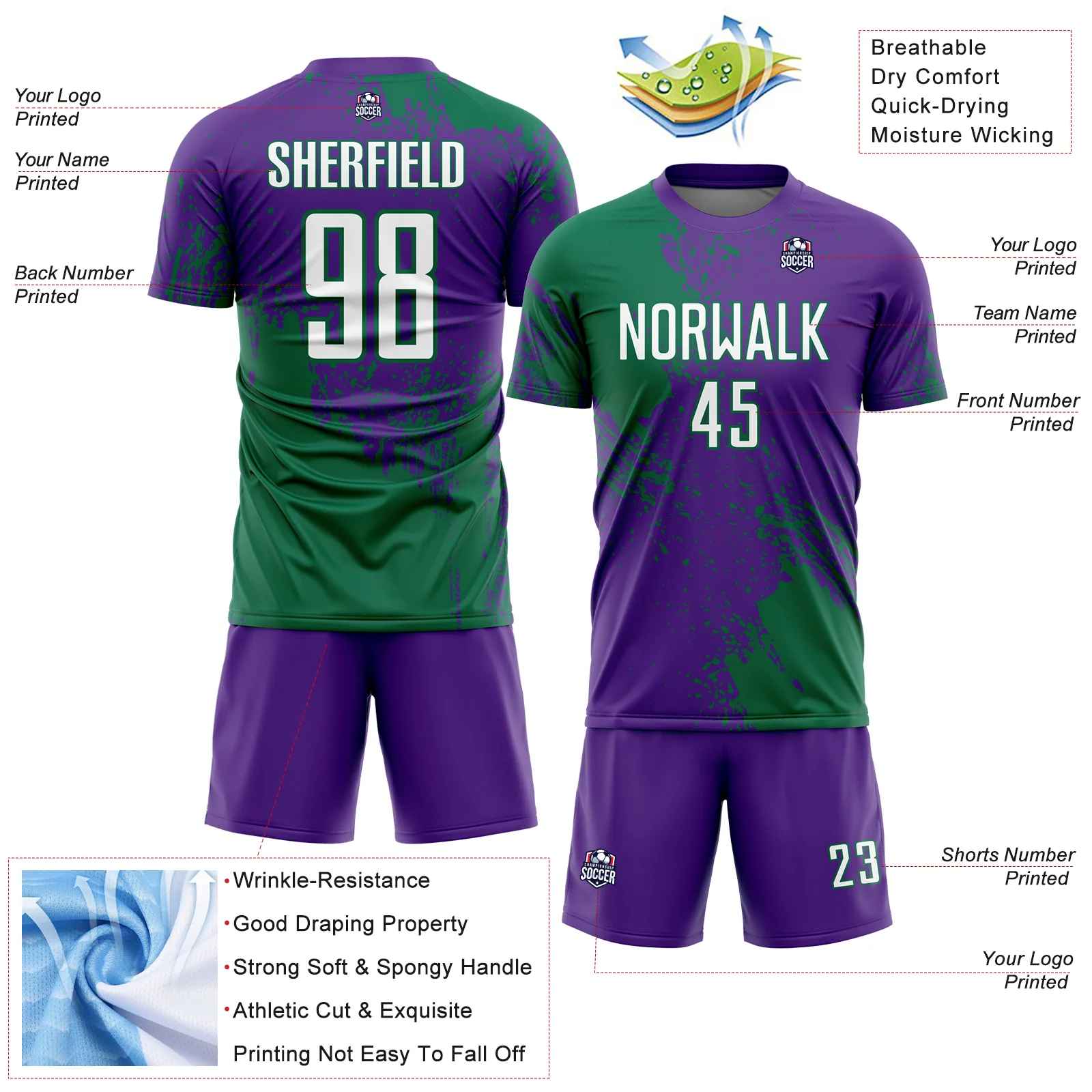 Custom Purple White-Kelly Green Abstract Brush Stroke Sports Sublimation Soccer Uniform Jersey - Image 4