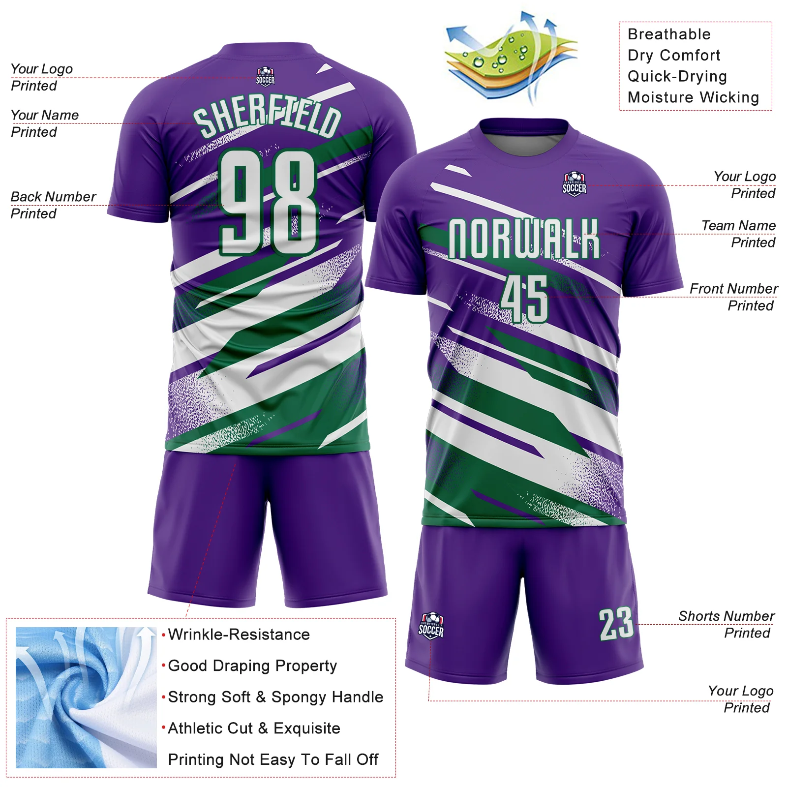 Custom Purple White-Kelly Green Grunge Stripe And Grainy Sports Sublimation Soccer Uniform Jersey - Image 4