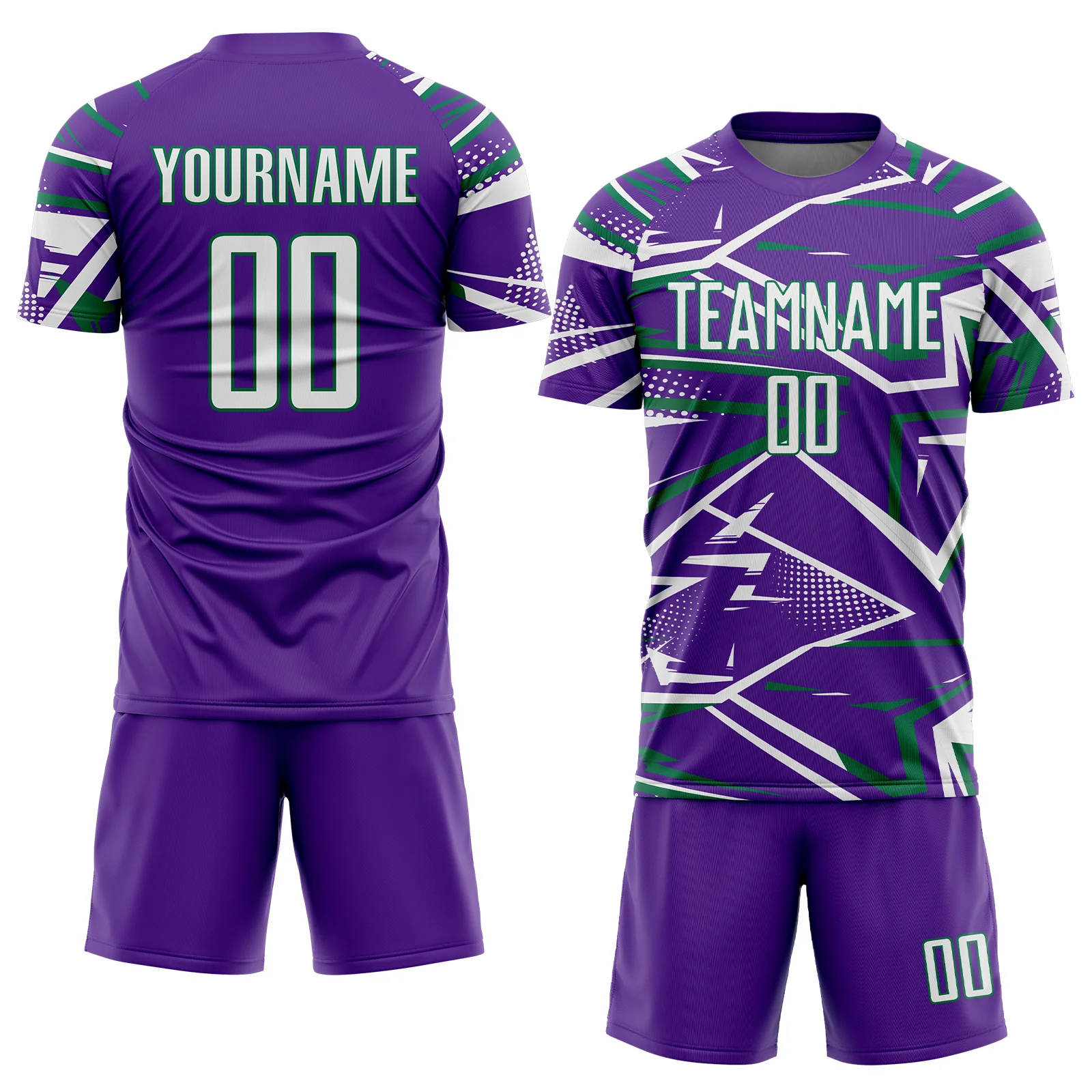 Custom Purple White-Kelly Green Abstract Geometric Stripes Sports Sublimation Soccer Uniform Jersey - Image 2