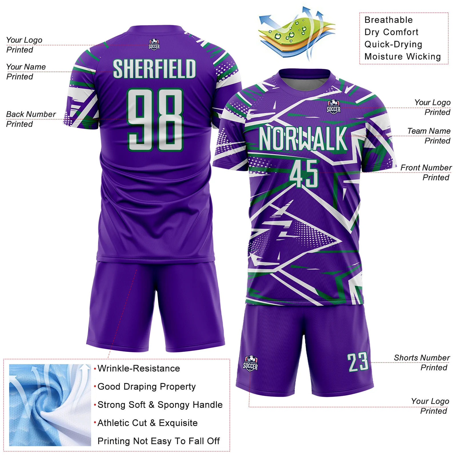 Custom Purple White-Kelly Green Abstract Geometric Stripes Sports Sublimation Soccer Uniform Jersey - Image 4