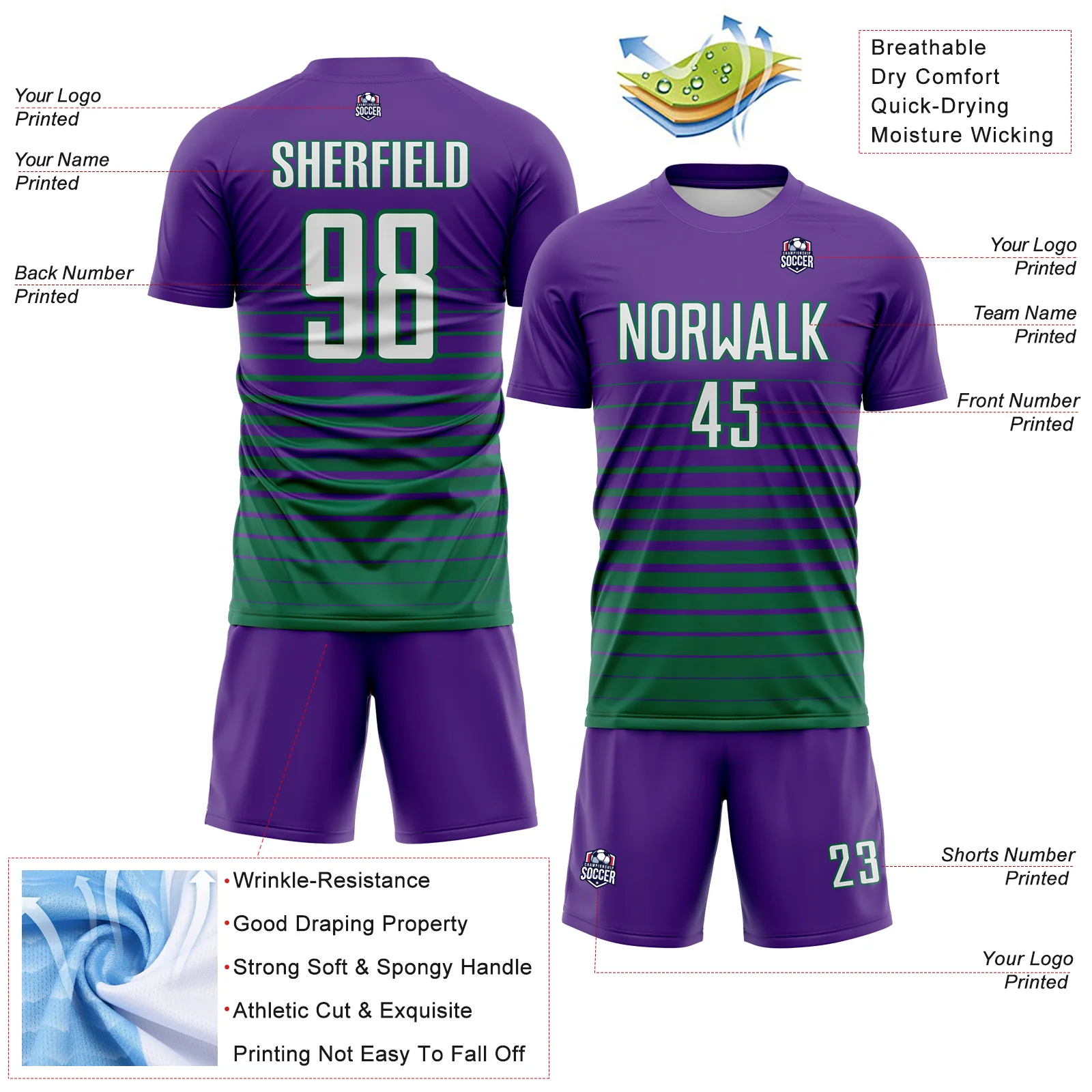 Custom Purple White-Kelly Green Gradient Pinstripe Sublimation Soccer Uniform Jersey - Image 4