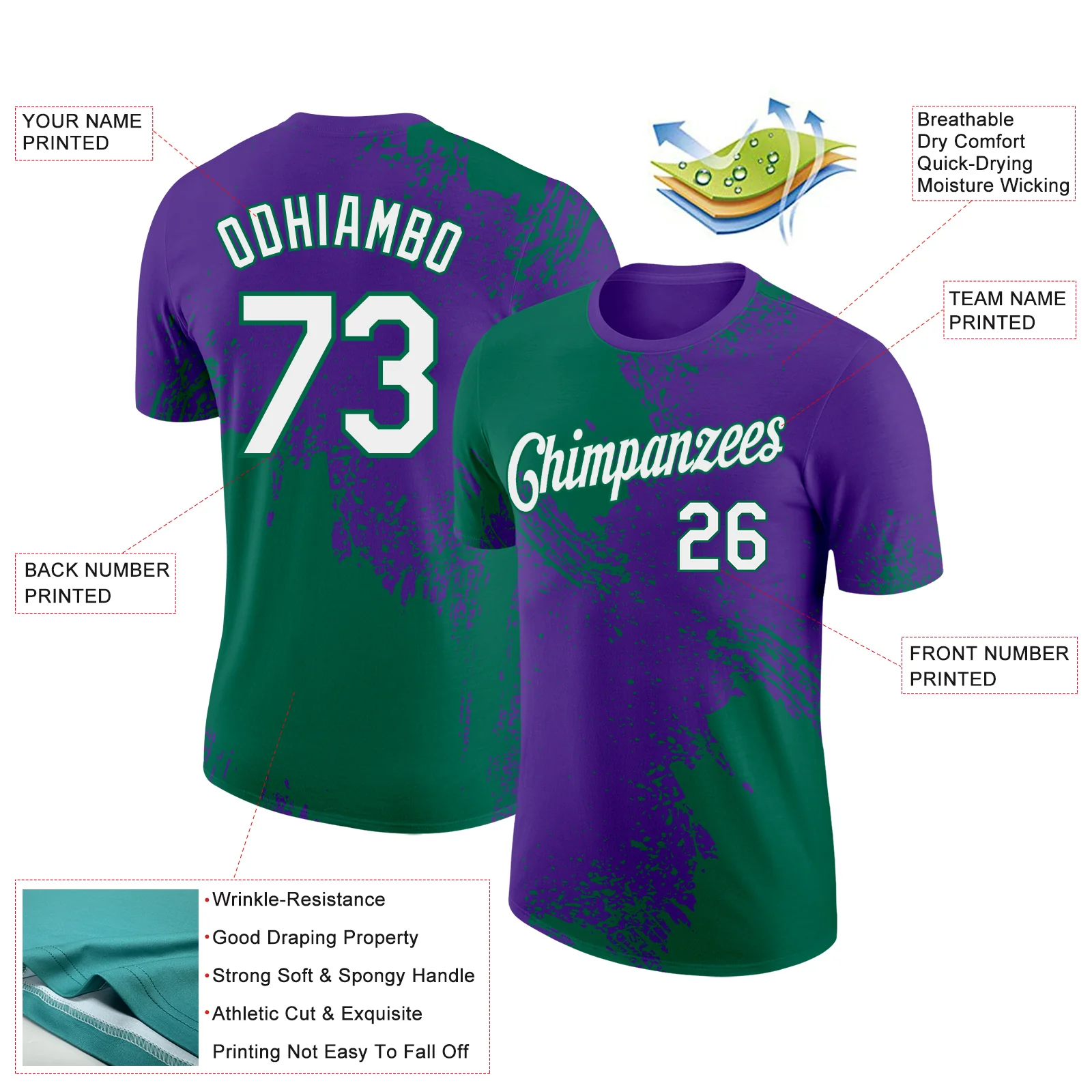 Custom Purple White-Kelly Green 3D Pattern Design Abstract Brush Stroke Performance T-Shirt - Image 2