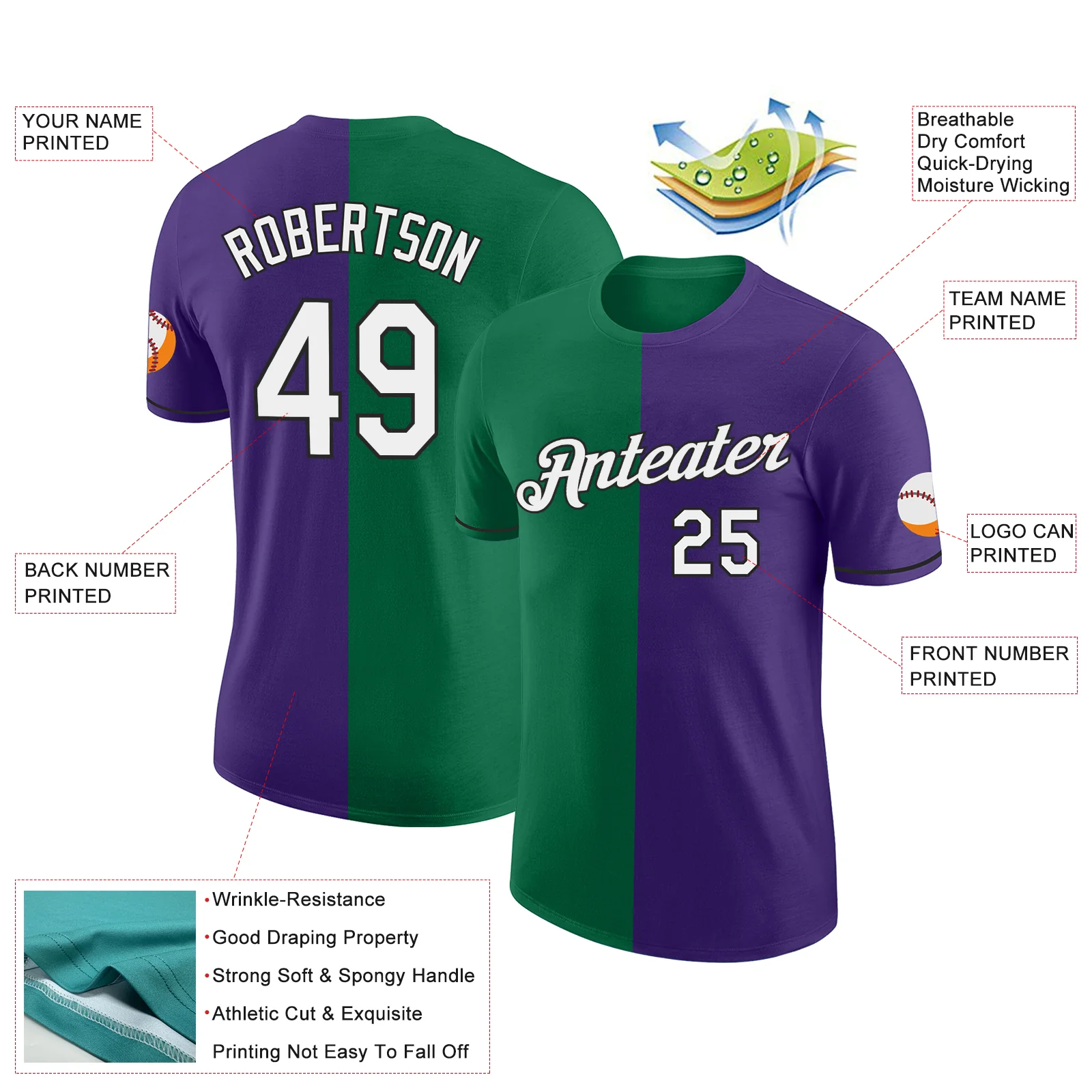 Custom Purple Kelly Green-Black Split Fashion Performance T-Shirt - Image 2