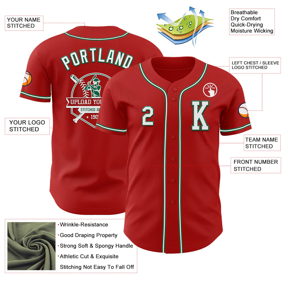 Custom Red White-Kelly Green Authentic Baseball Jersey - Image 6
