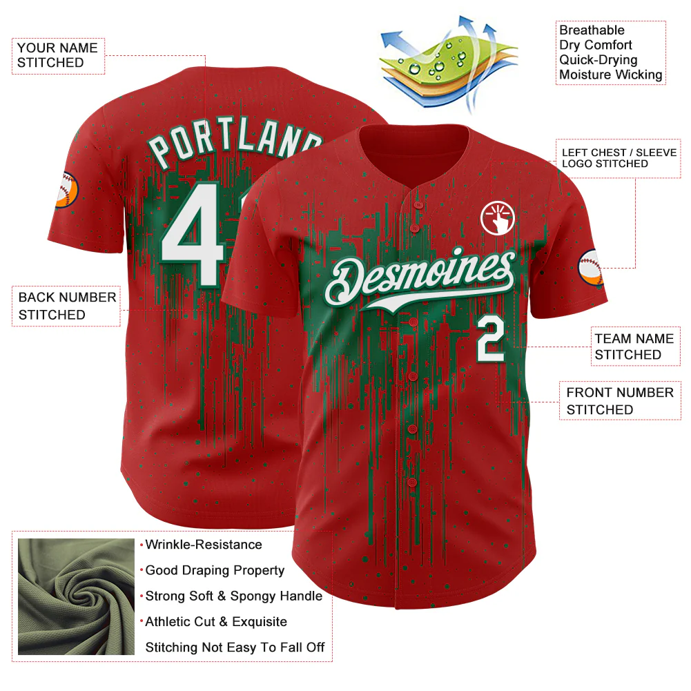 Custom Red White-Kelly Green Dripping Splatter Paint Authentic Baseball Jersey - Image 3