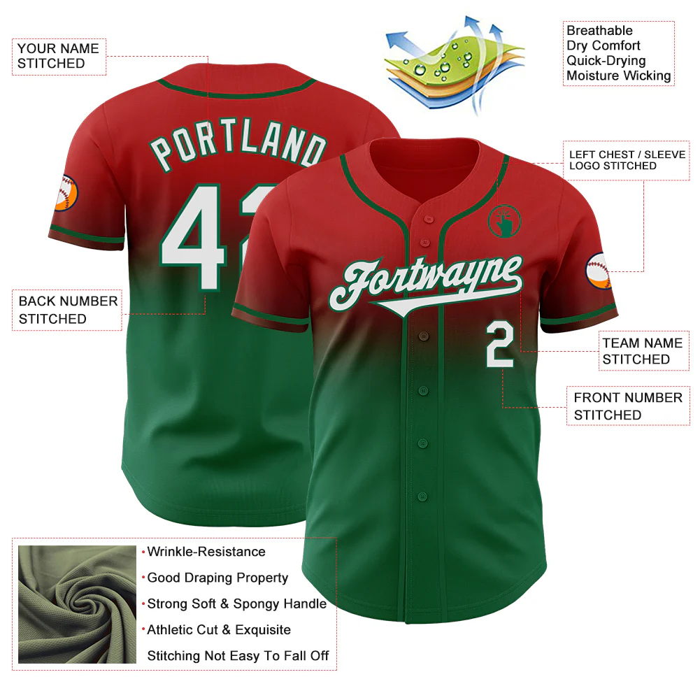 Custom Red White-Kelly Green Authentic Fade Fashion Baseball Jersey - Image 3
