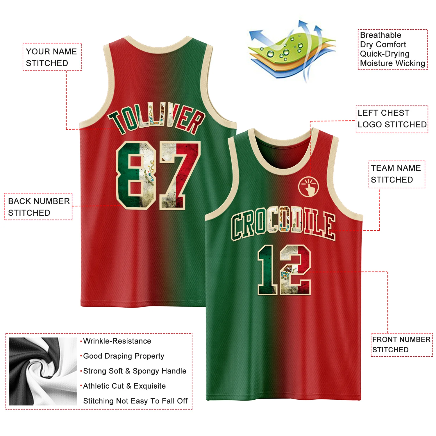Custom Red Vintage Mexican Flag Kelly Green-Cream Authentic Gradient Fashion Basketball Jersey - Image 3