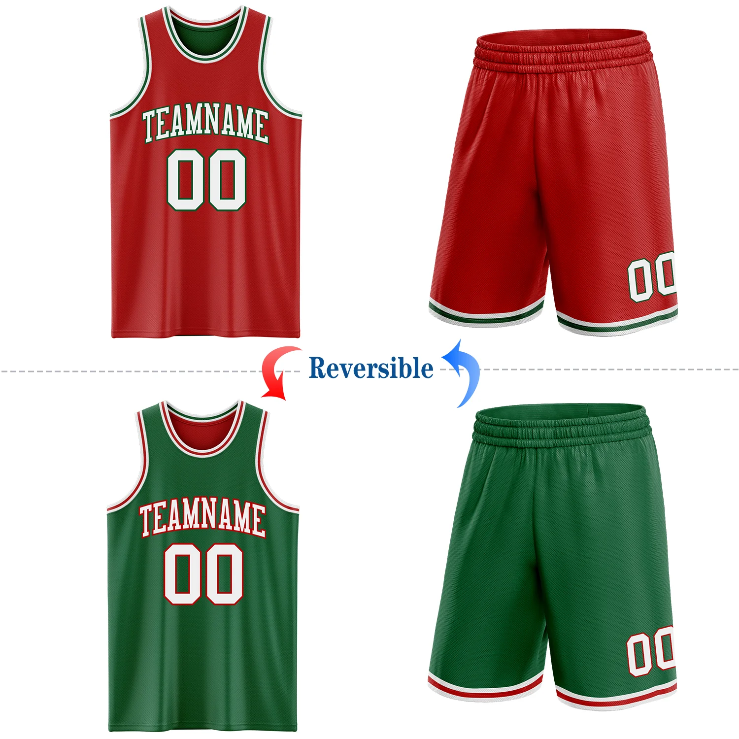 Custom Red White-Kelly Green Reversible Double Side Sublimation Basketball Suit Jersey - Image 2