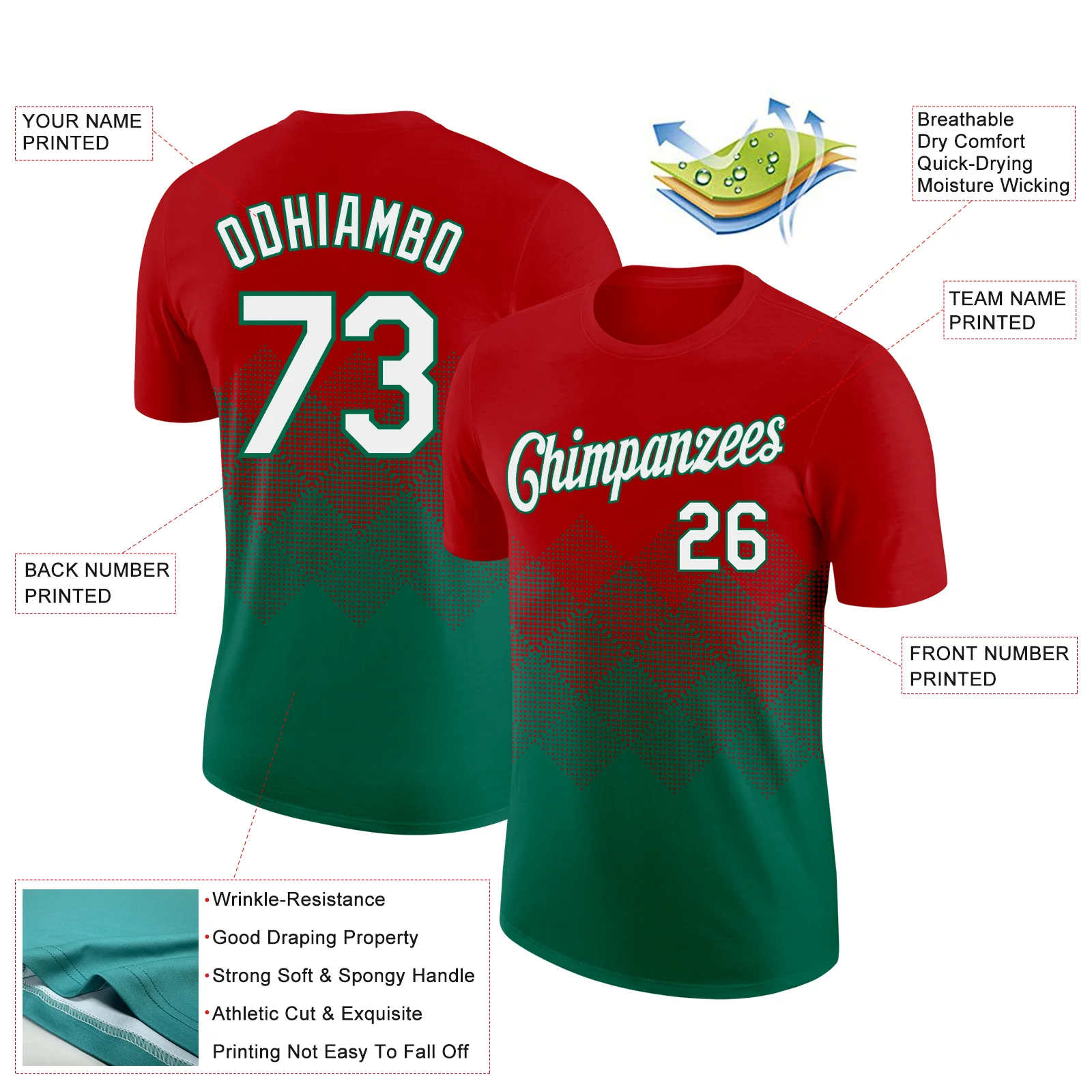 Custom Red White-Kelly Green 3D Pattern Design Gradient Square Shapes Performance T-Shirt - Image 2