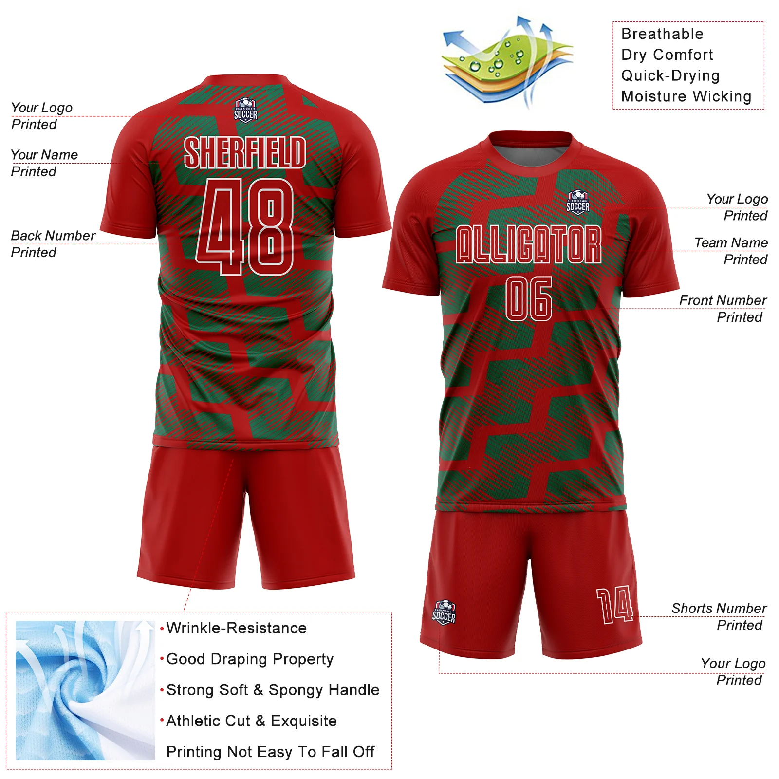 Custom Red Kelly Green-White Line Sublimation Soccer Uniform Jersey - Image 4